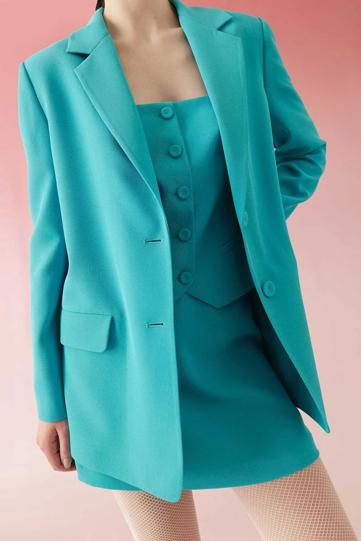 İki Düğmeli Krep Ceket Turkuaz - 3