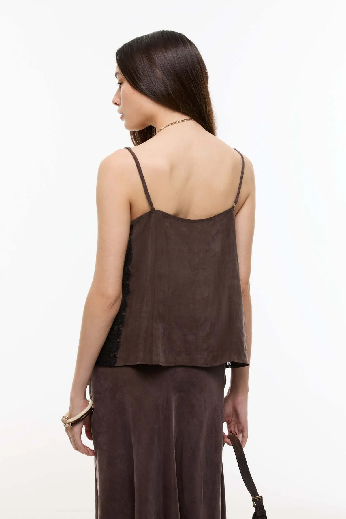 İnce Askılı Dantel Detaylı Bluz Kahve - 2