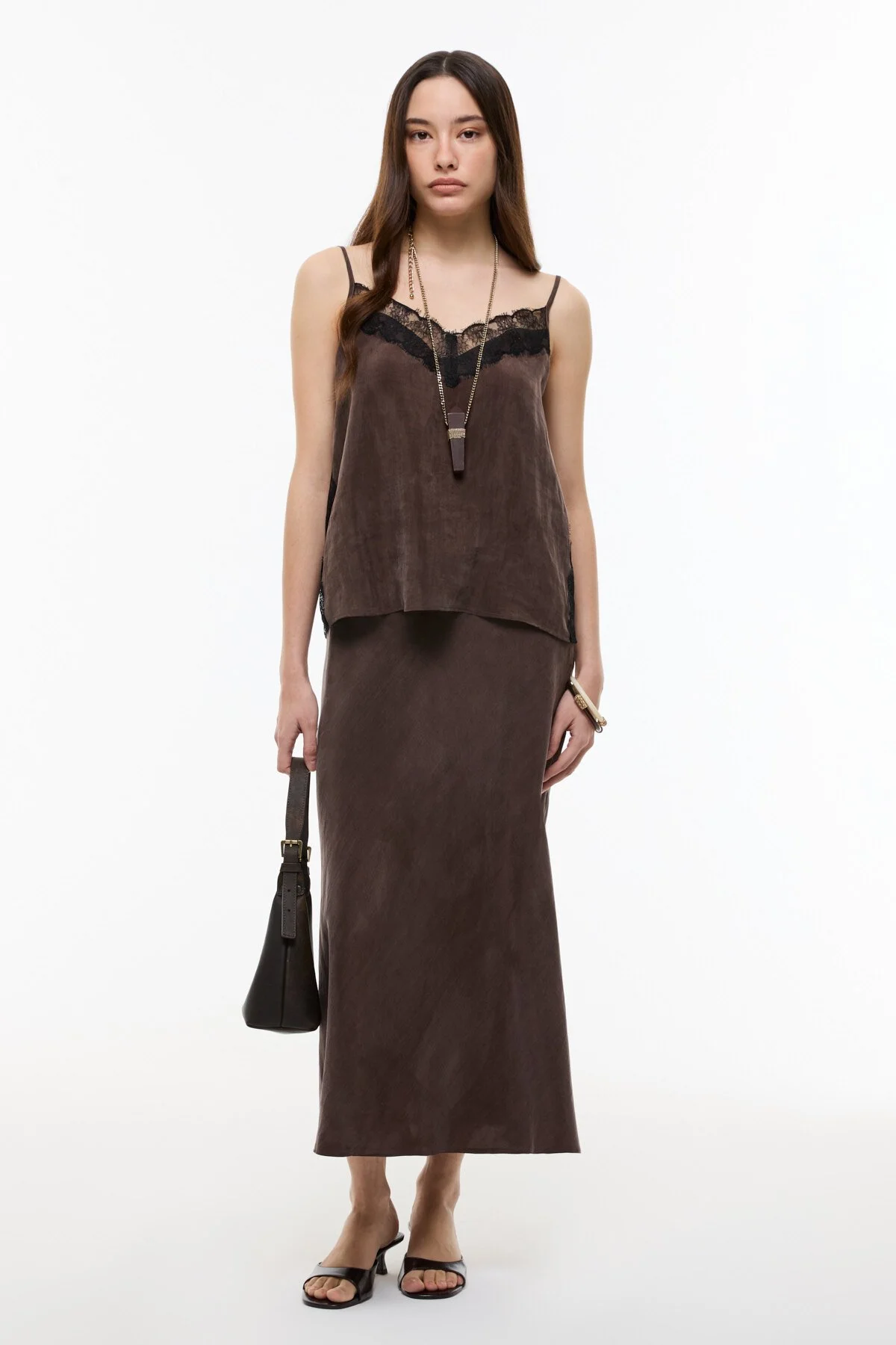 İnce Askılı Dantel Detaylı Bluz Kahve - 4