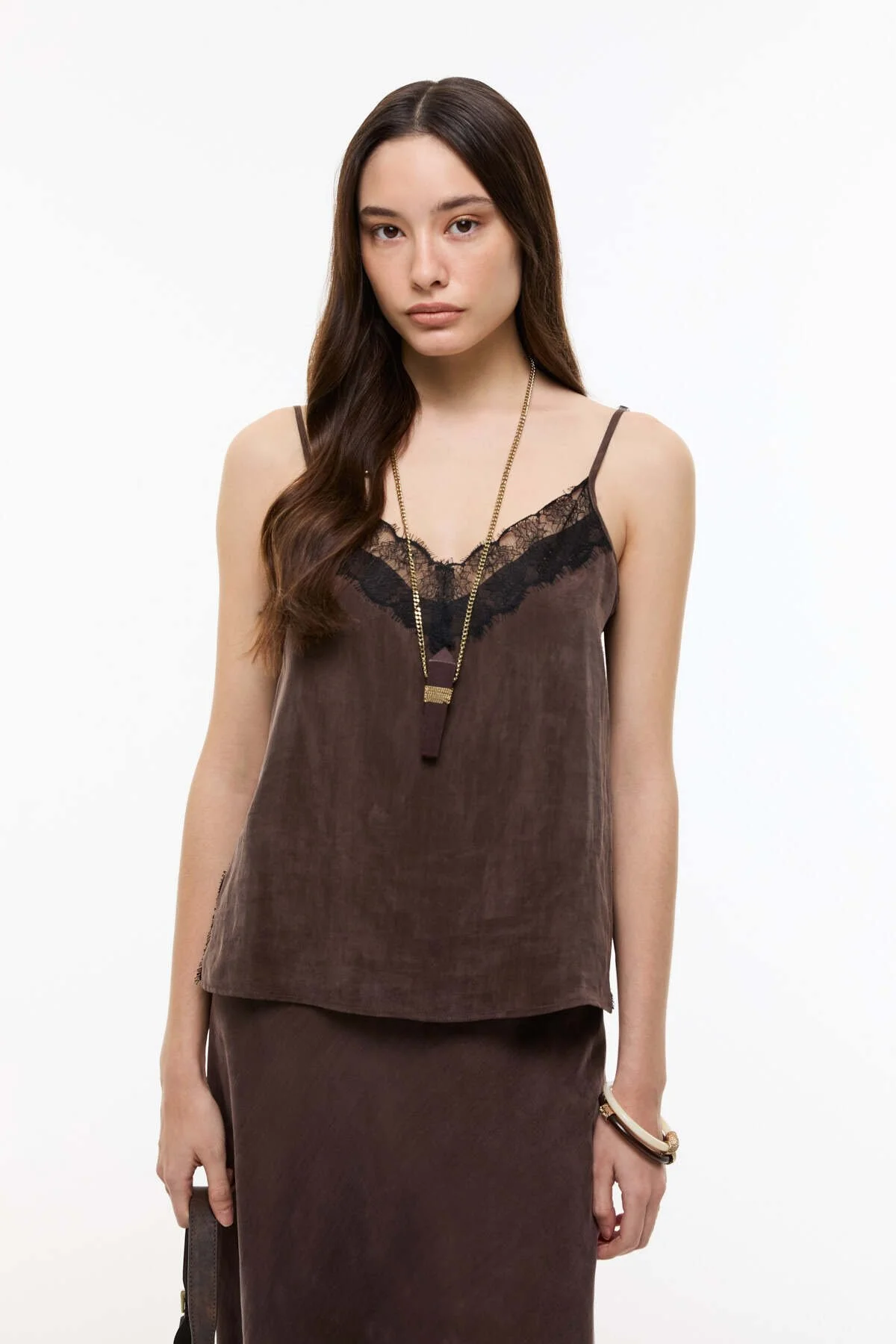 İnce Askılı Dantel Detaylı Bluz Kahve - 1