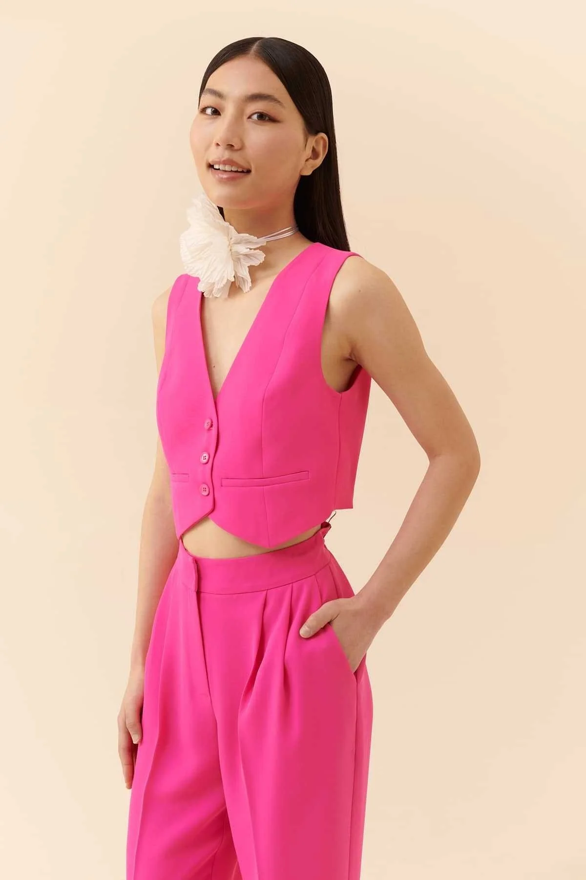  İpek Krep Kadın Yelek Fuşya - 1