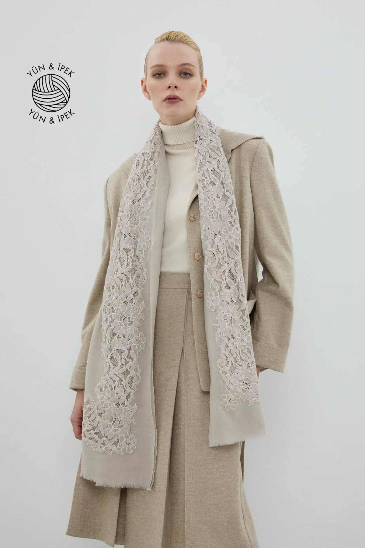 İpek ve Yün Karışımlı Desenli Şal Gri - 1