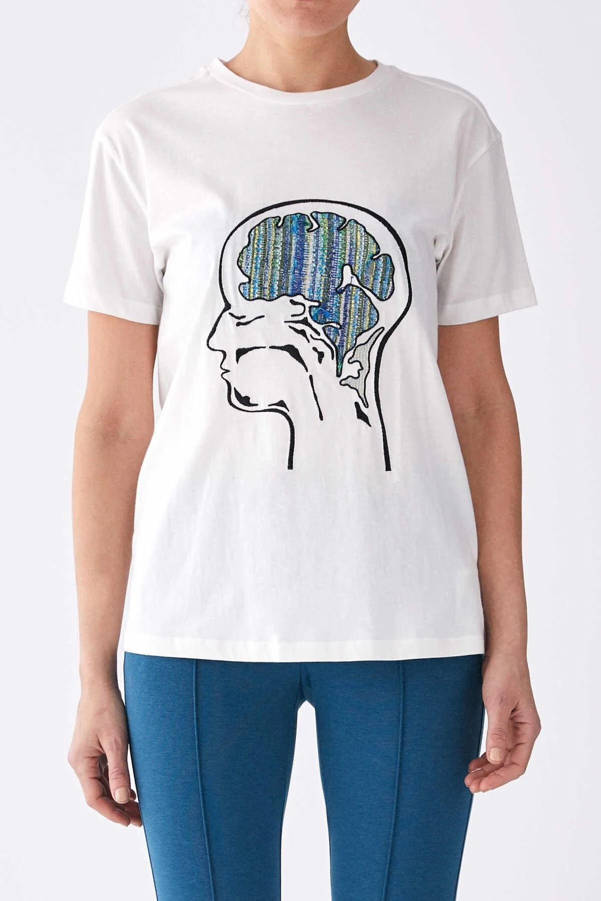 İşleme Desenli T-Shirt Ekru - 1