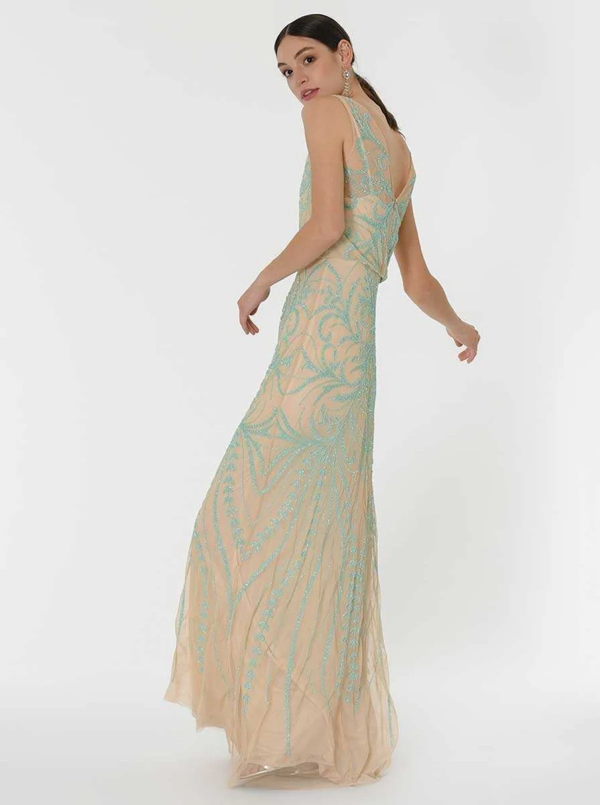 İşlemeli Gece Elbisesi Bej - 3