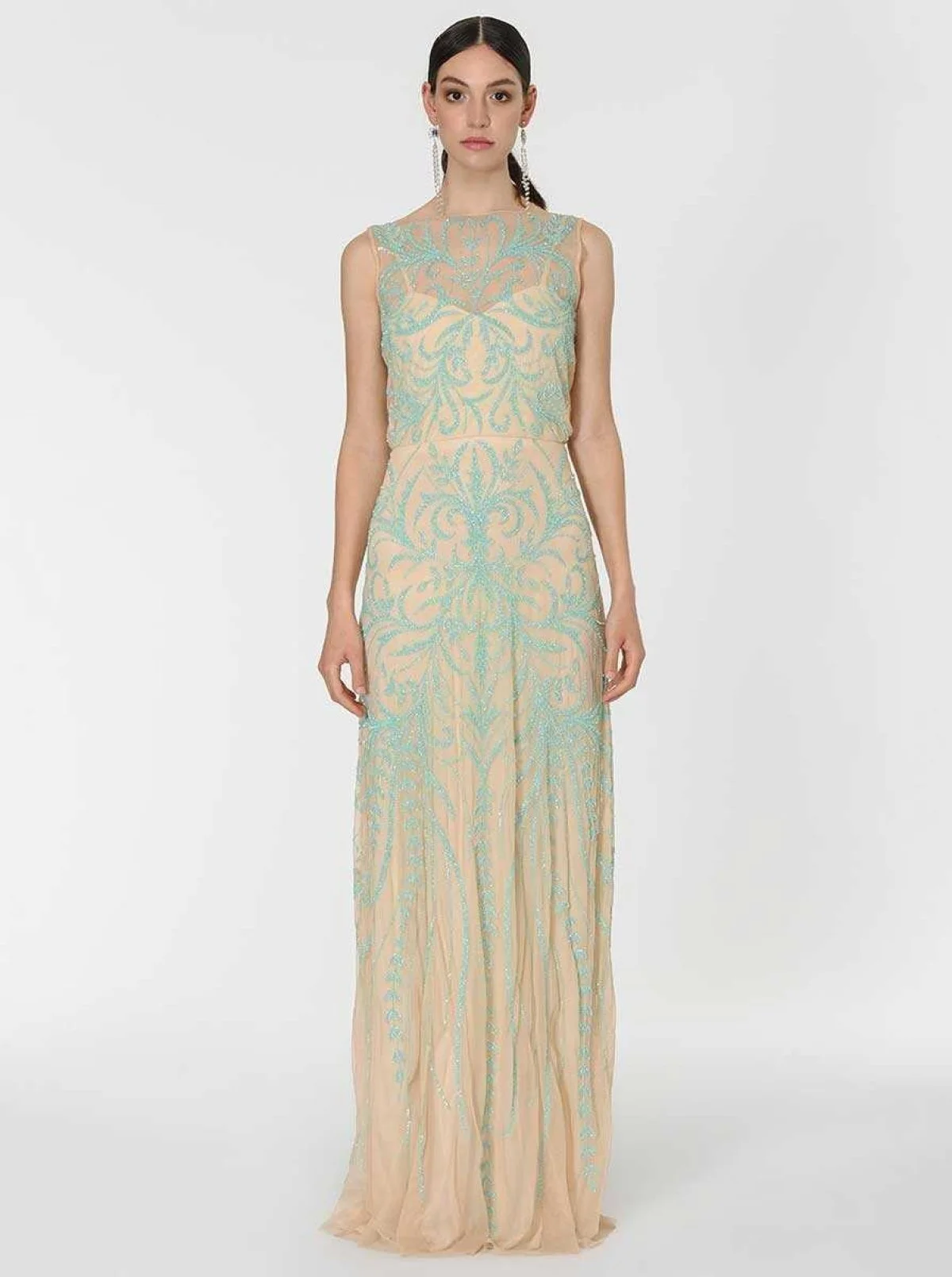 İşlemeli Gece Elbisesi Bej - 1