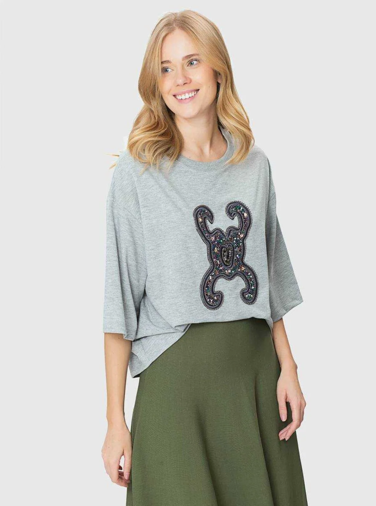  İşlemeli Oversize Sweatshirt Gri - 3