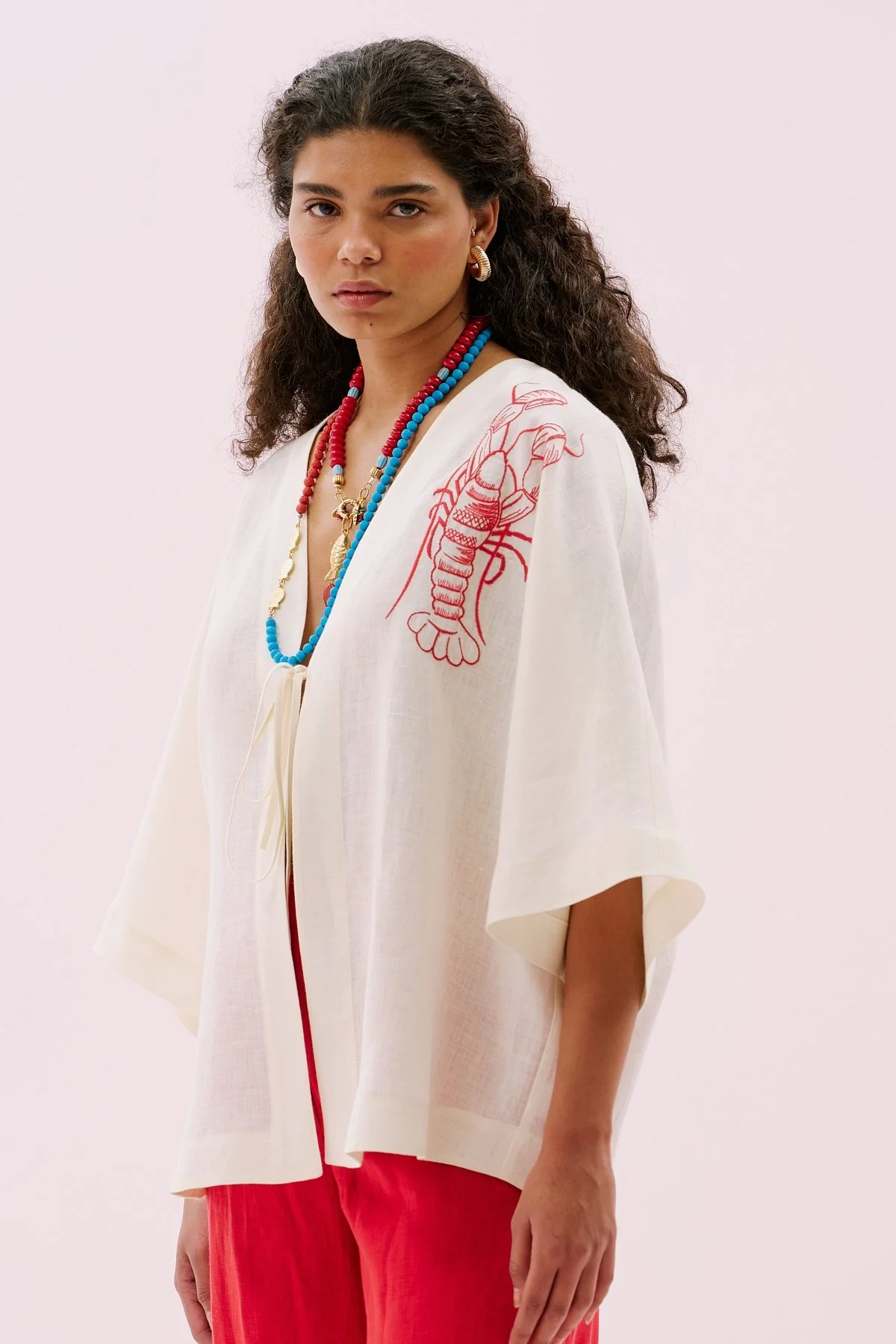 Istakoz Nakışlı Keten Kimono Bej - 1