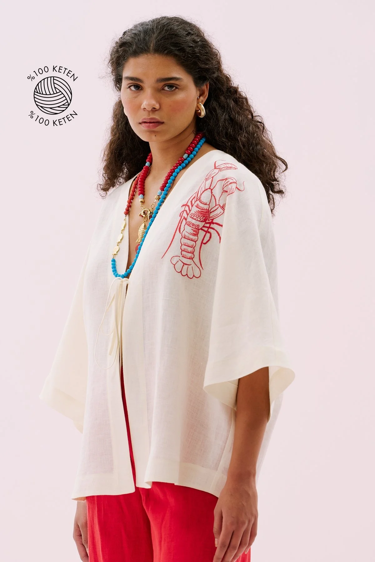 Istakoz Nakışlı Keten Kimono Bej - 1