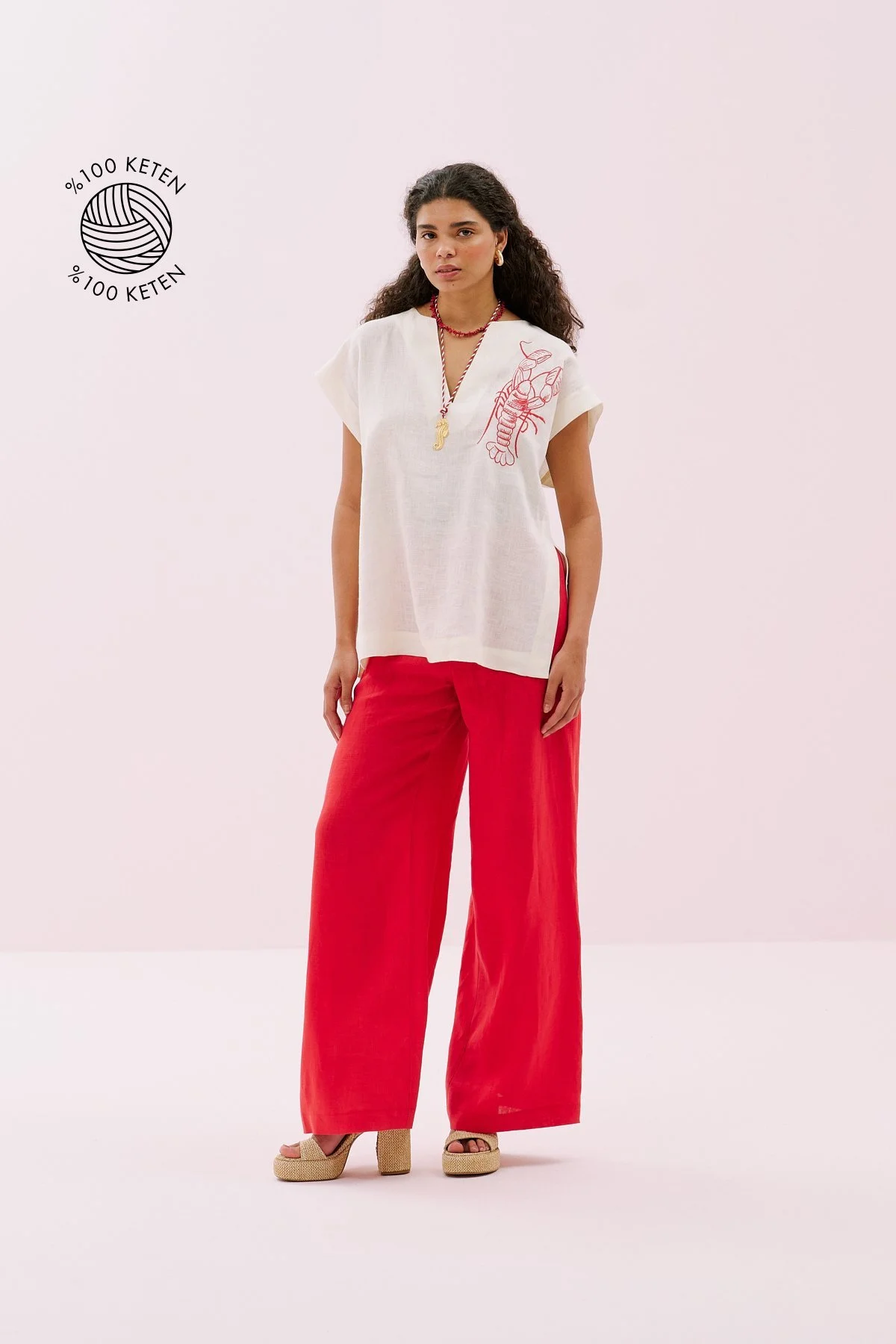 Istakoz Nakışlı Yanları Yırtmaçlı Keten Tunik Bej - 1