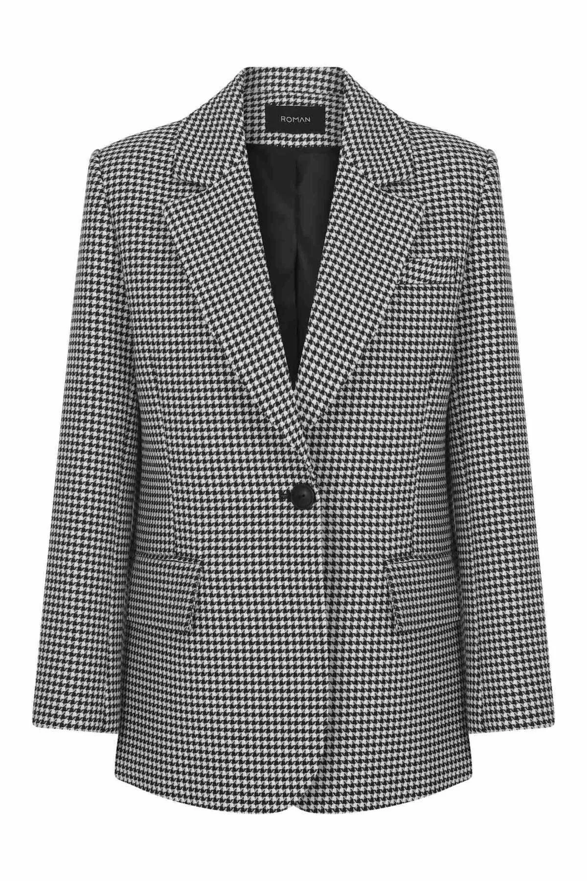 Blazer Tek Düğmeli Ceket Siyah-Beyaz - 4