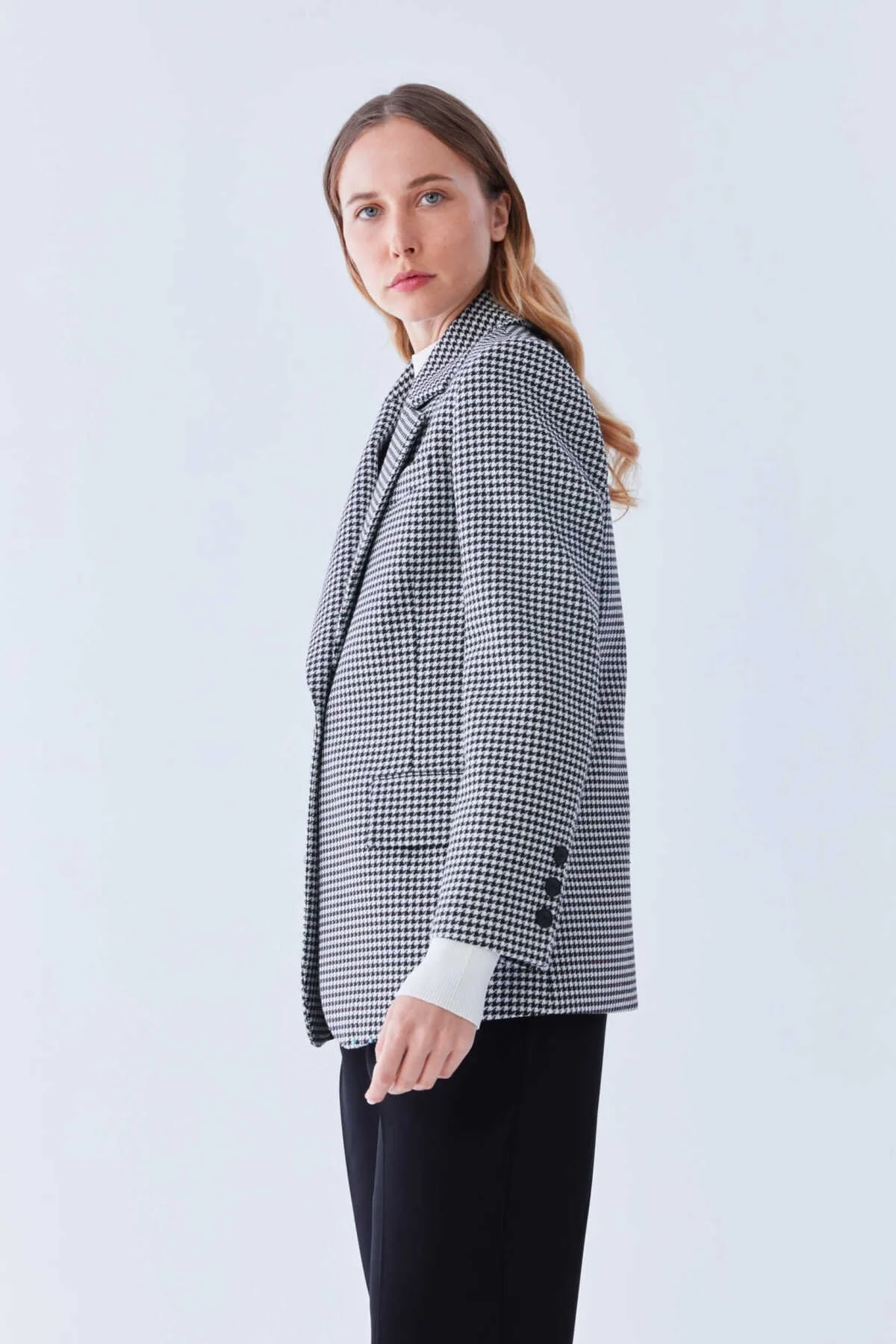 Blazer Tek Düğmeli Ceket Siyah-Beyaz - 3