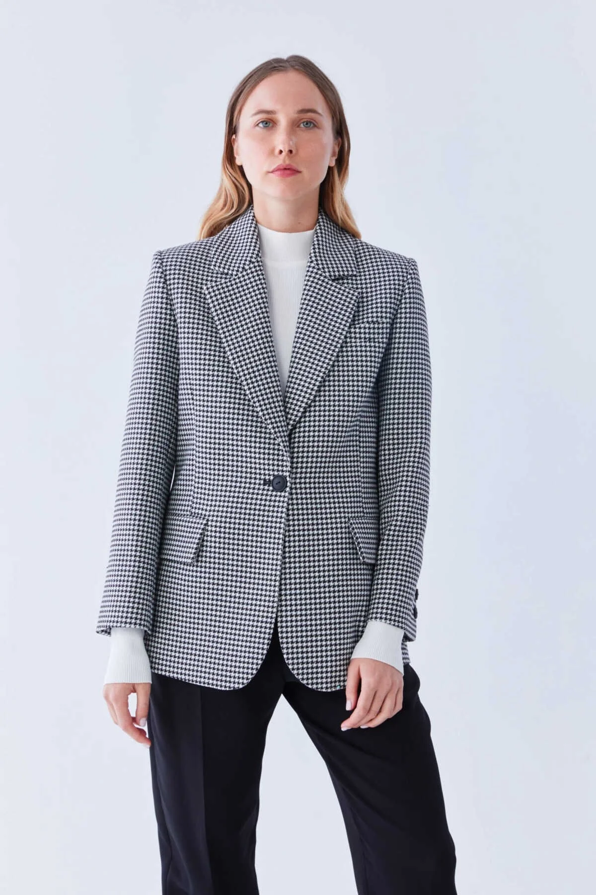 Blazer Tek Düğmeli Ceket Siyah-Beyaz - 1