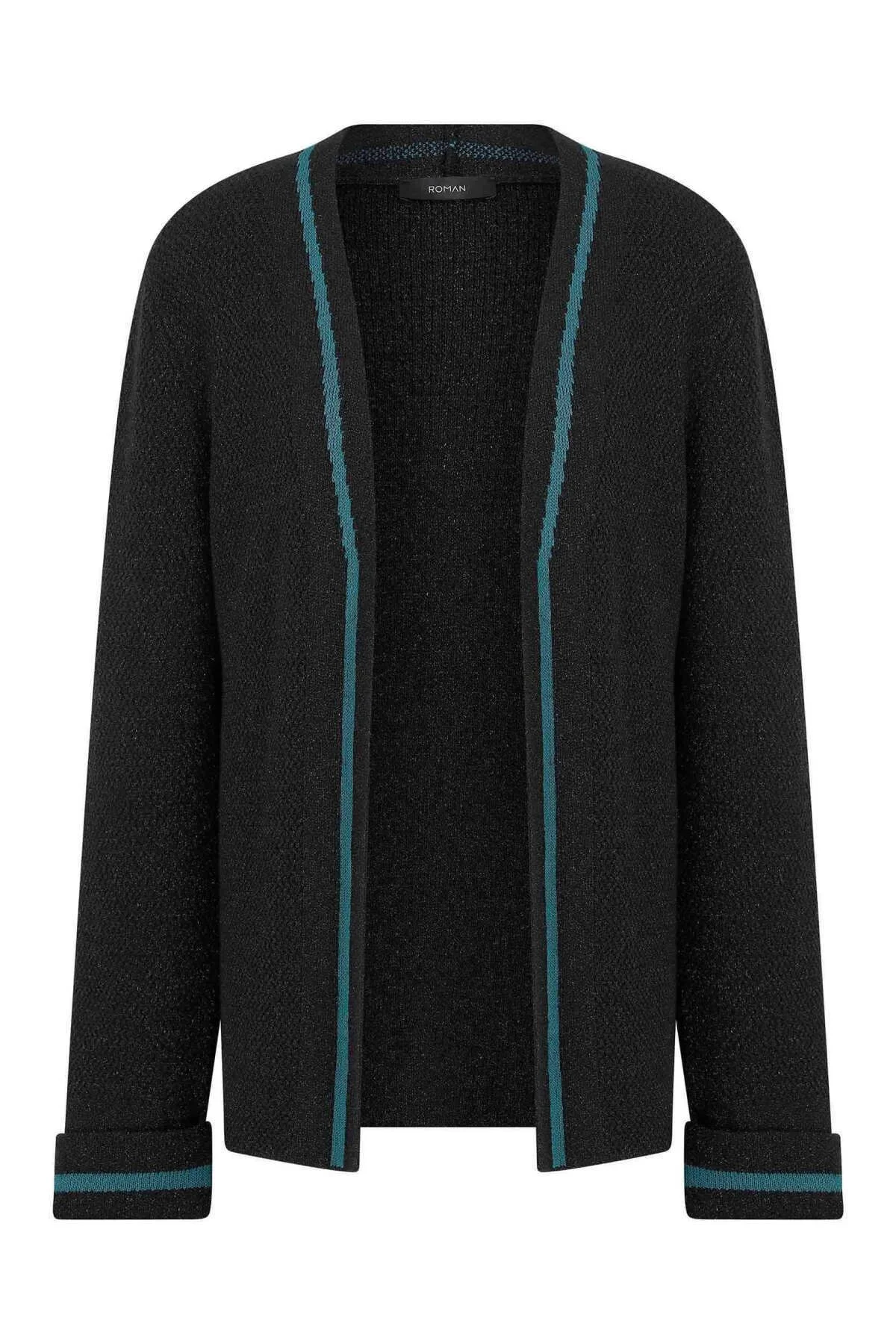 Şerit Detaylı Triko Hırka Siyah - 4