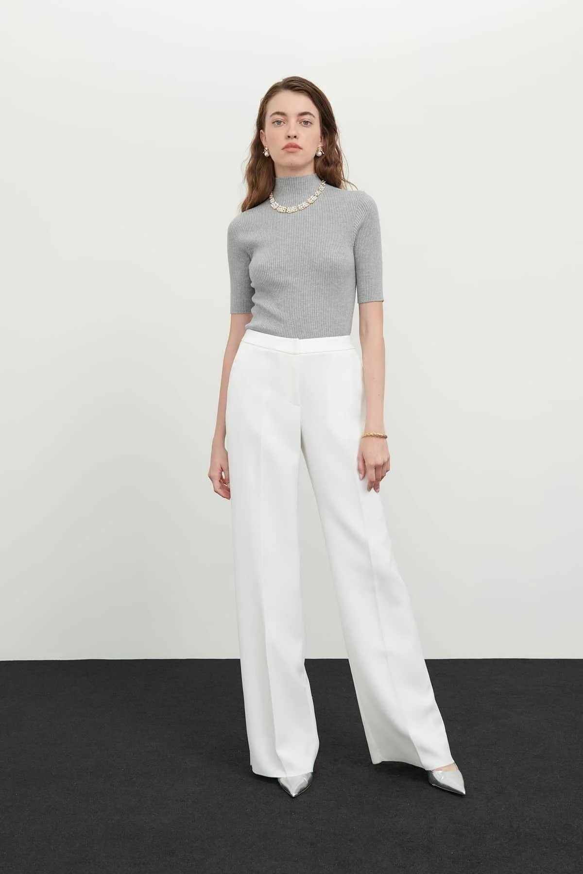 Diagonel Krep Geniş Paça Pantolon Kemik - 1