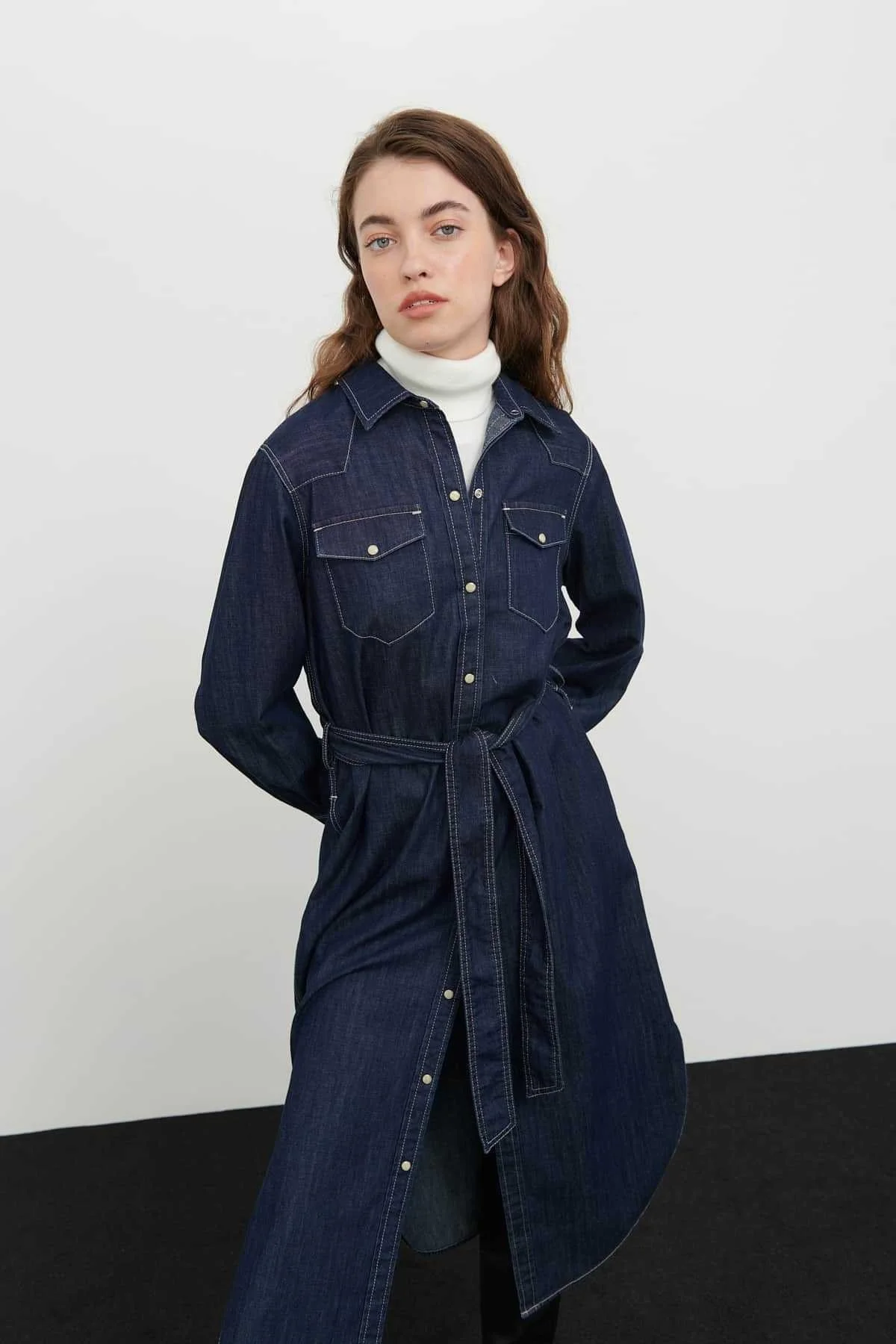 Denim Gömlek Elbise Lacivert - 5