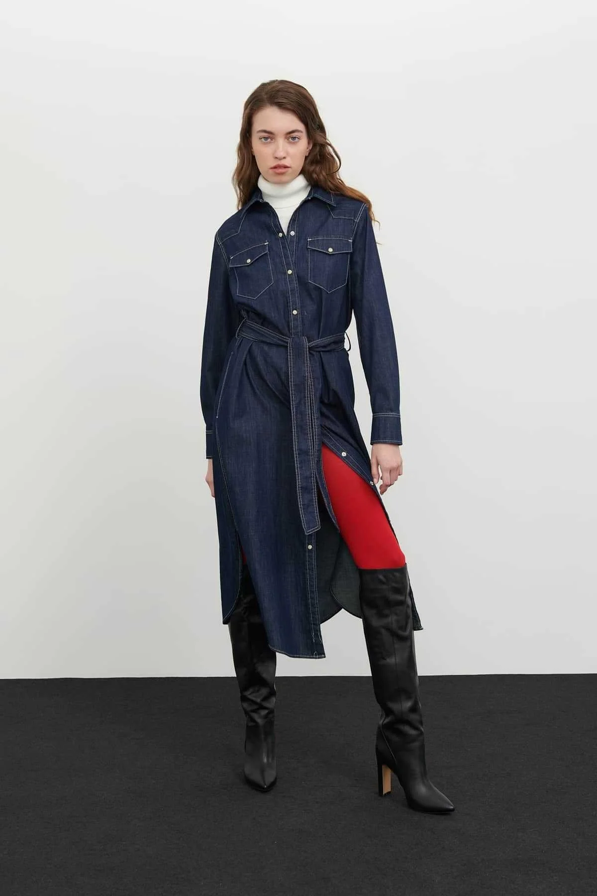 Denim Gömlek Elbise Lacivert - 4