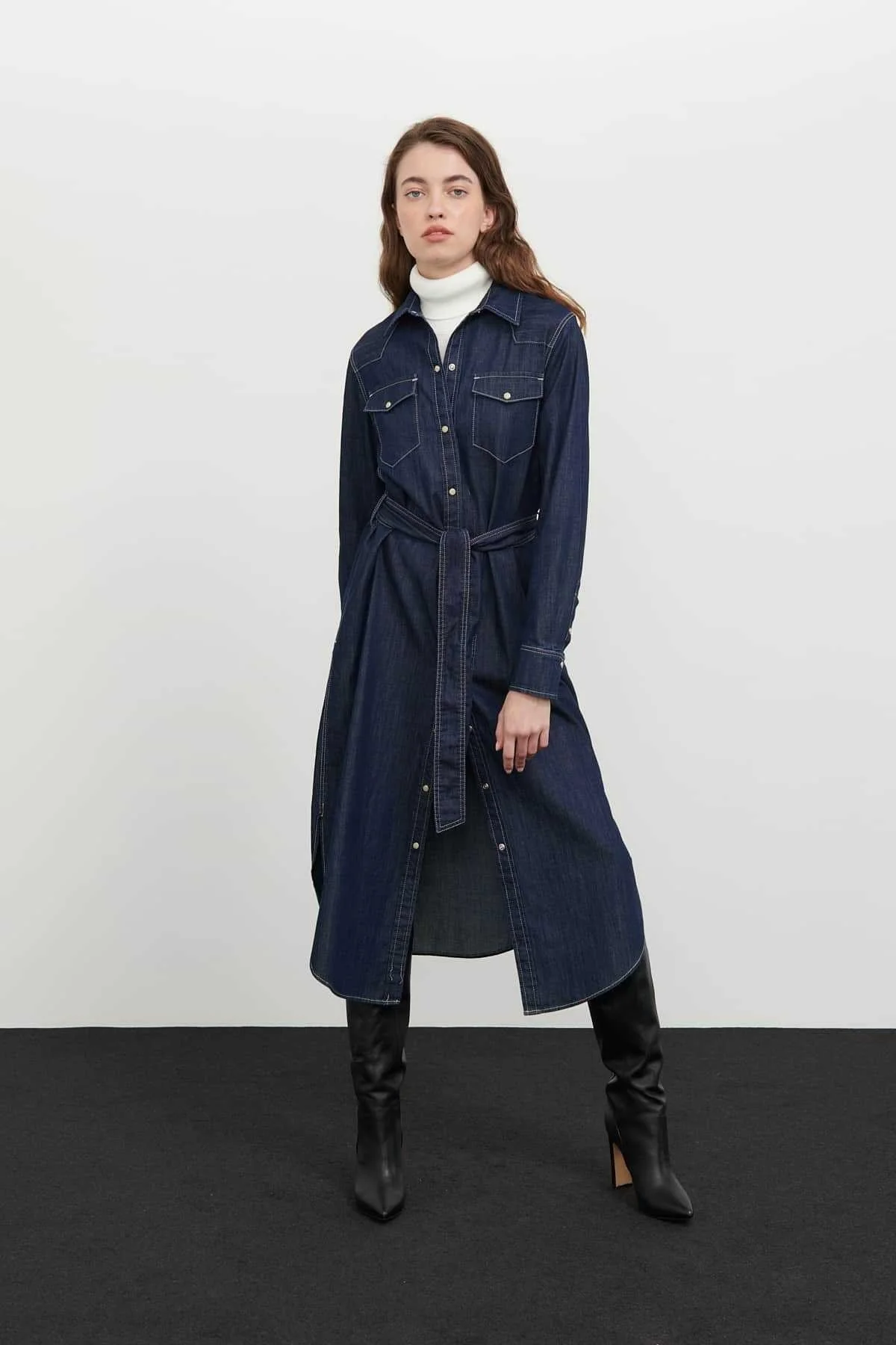 Denim Gömlek Elbise Lacivert - 1