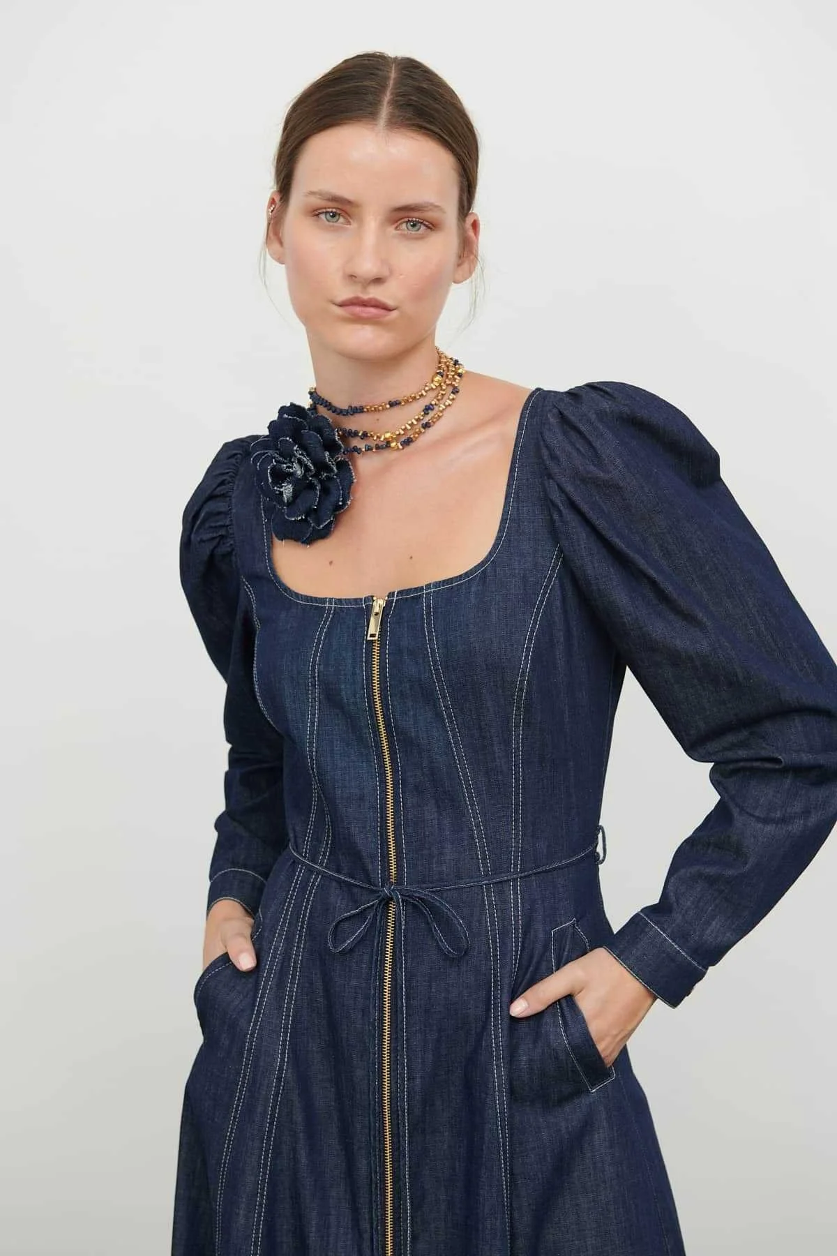 Kare Yaka Balon Kol Denim Elbise Lacivert - 3