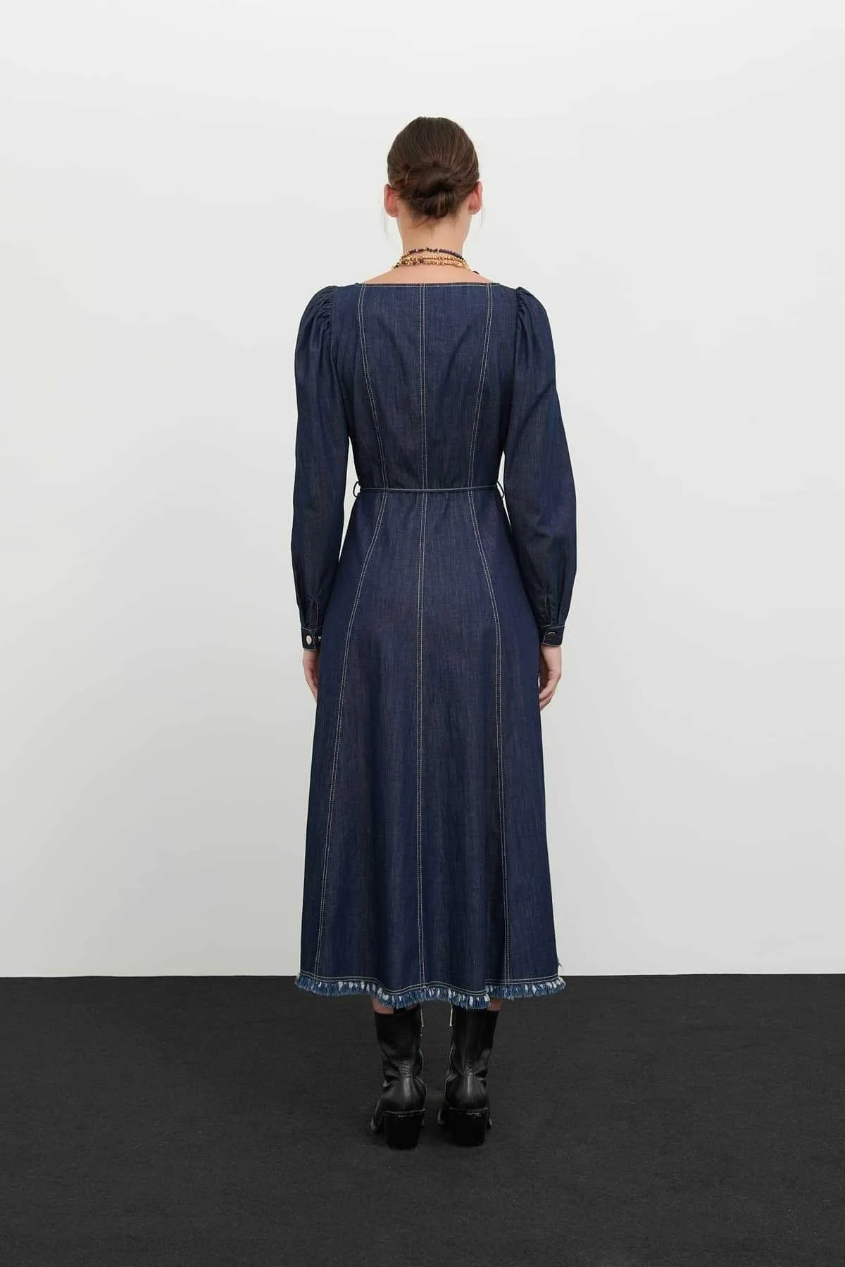 Kare Yaka Balon Kol Denim Elbise Lacivert - 2