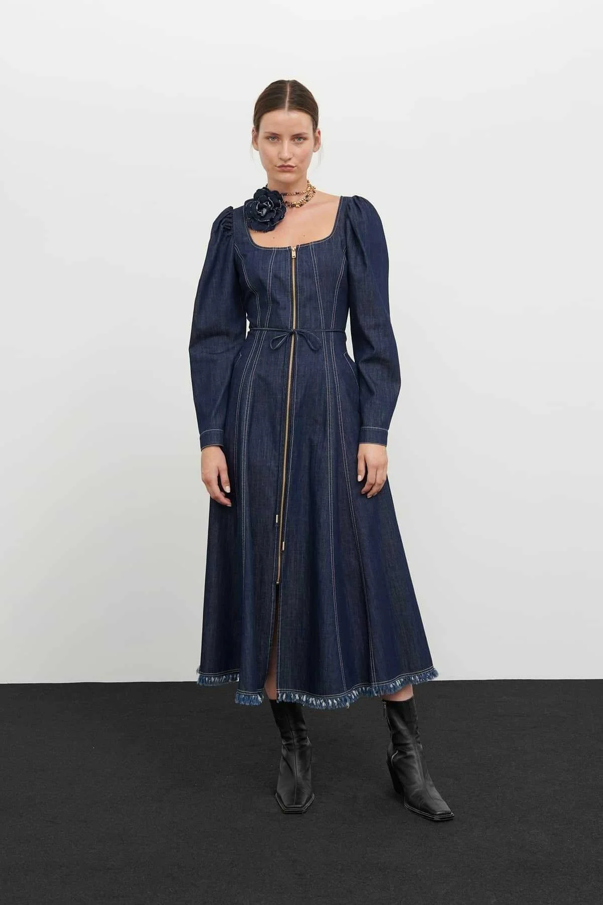 Kare Yaka Balon Kol Denim Elbise Lacivert - 1