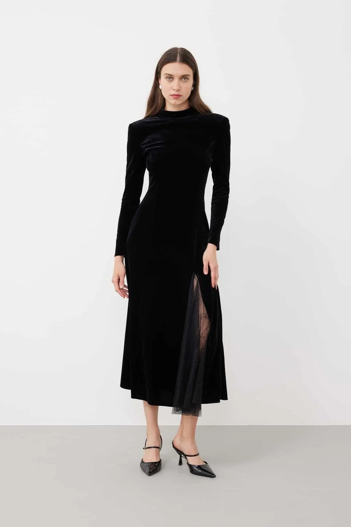 Midi Boy Yarım Balıkçı Kadife Elbise Siyah - 1