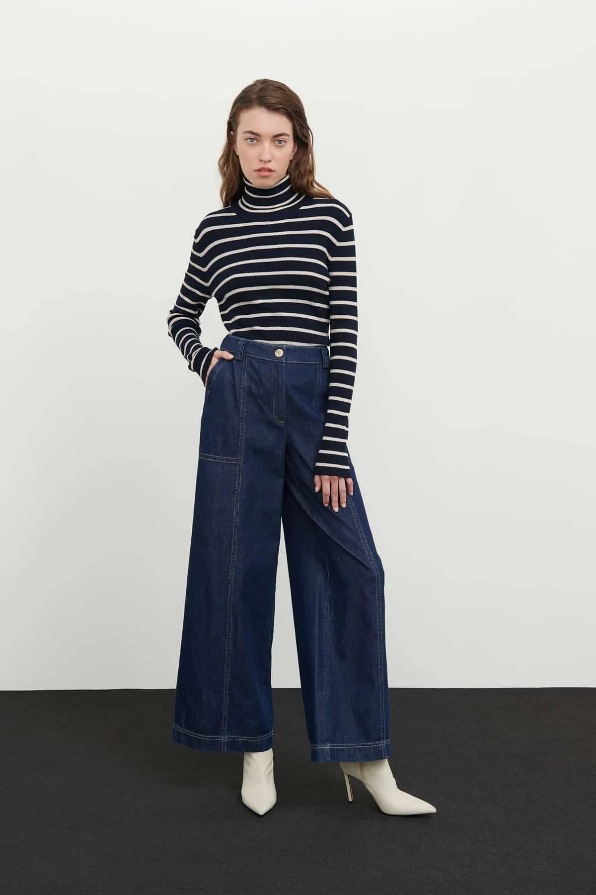Denim Geniş Paça Pantolon Lacivert - 1