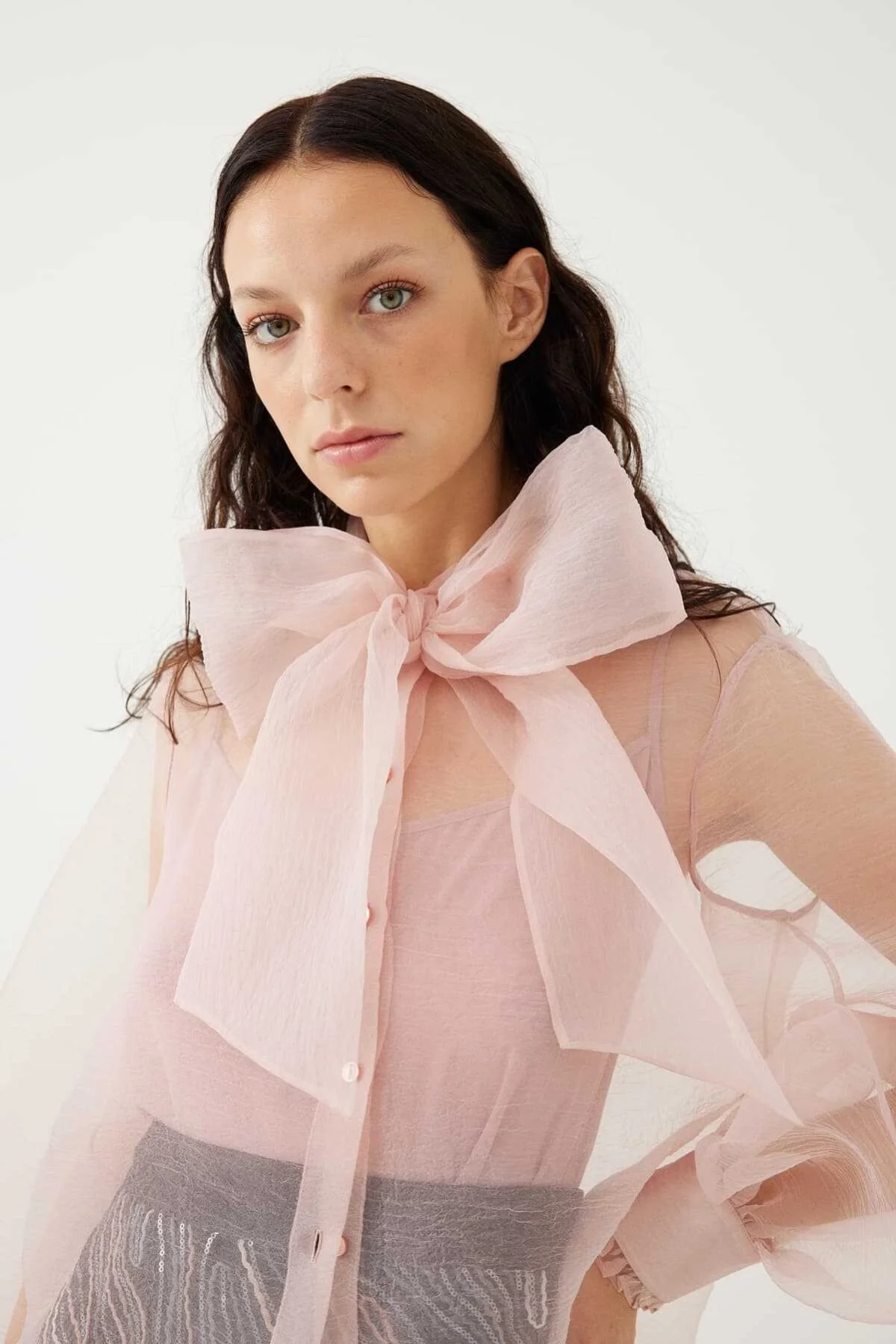 Organze Yakalı Fiyonklu Gömlek Pembe - 3