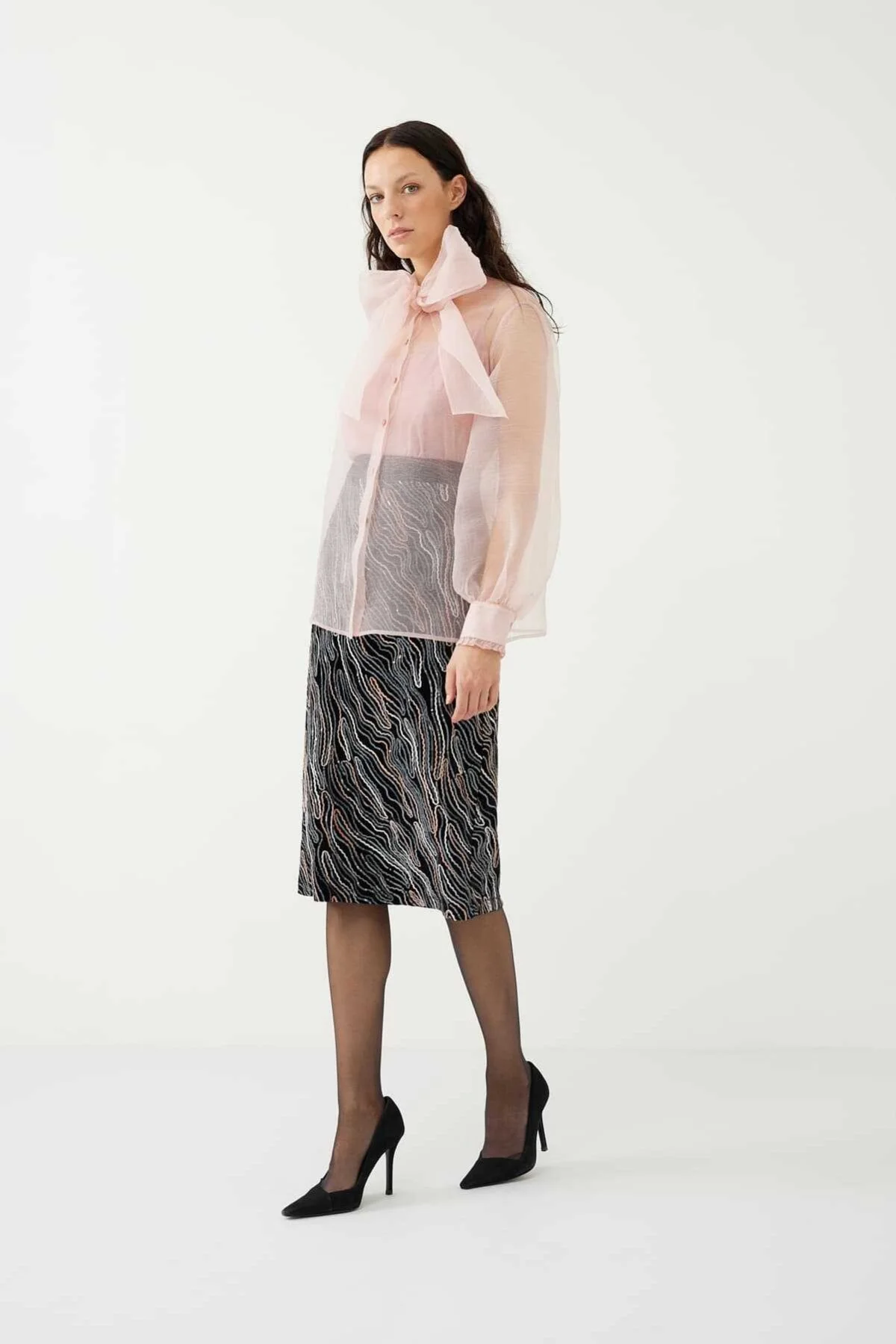 Organze Yakalı Fiyonklu Gömlek Pembe - 5