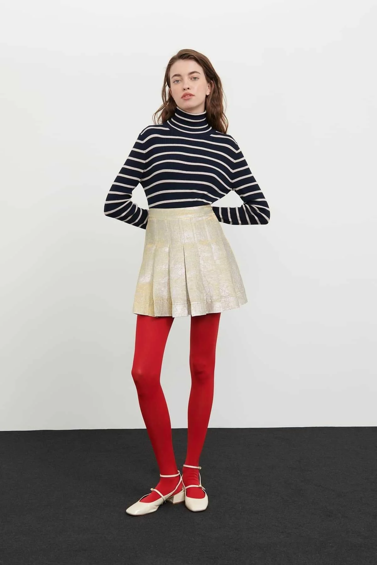 Jakarlı Pileli Mini Etek Gold - 3