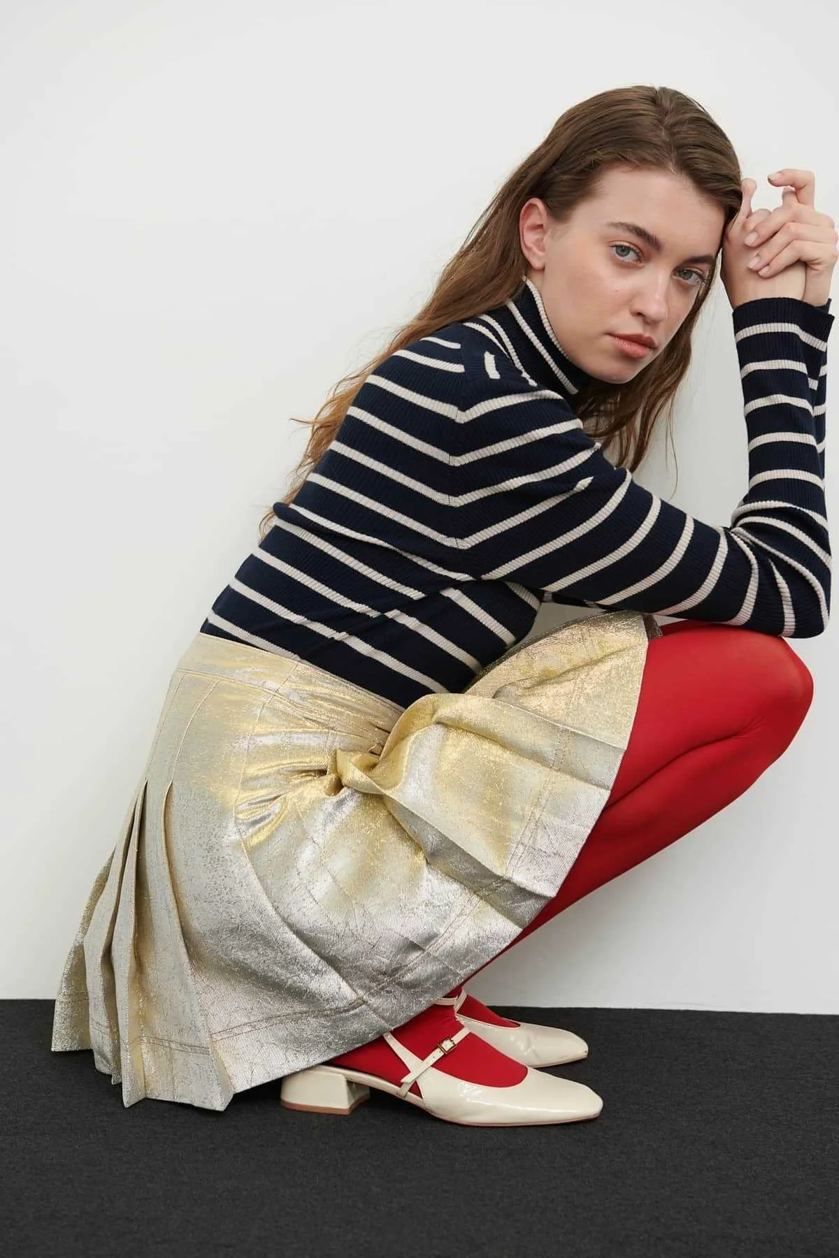 Jakarlı Pileli Mini Etek Gold - 1