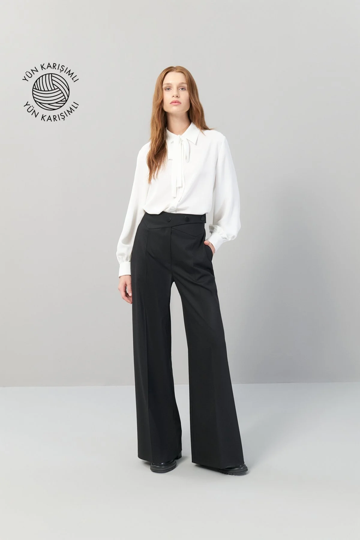 Düğme Detaylı Geniş Paça Yün Pantolon Siyah - 1