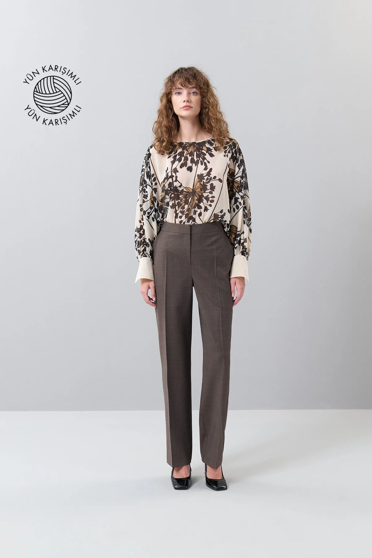Ekose Desenli Düz Paça Yün Pantolon Kahve - 1