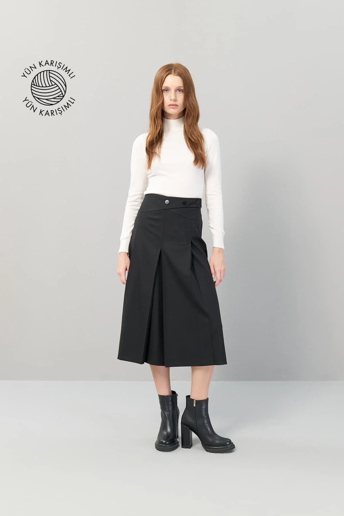 Pileli Midi Boy Yün Etek Siyah - 1