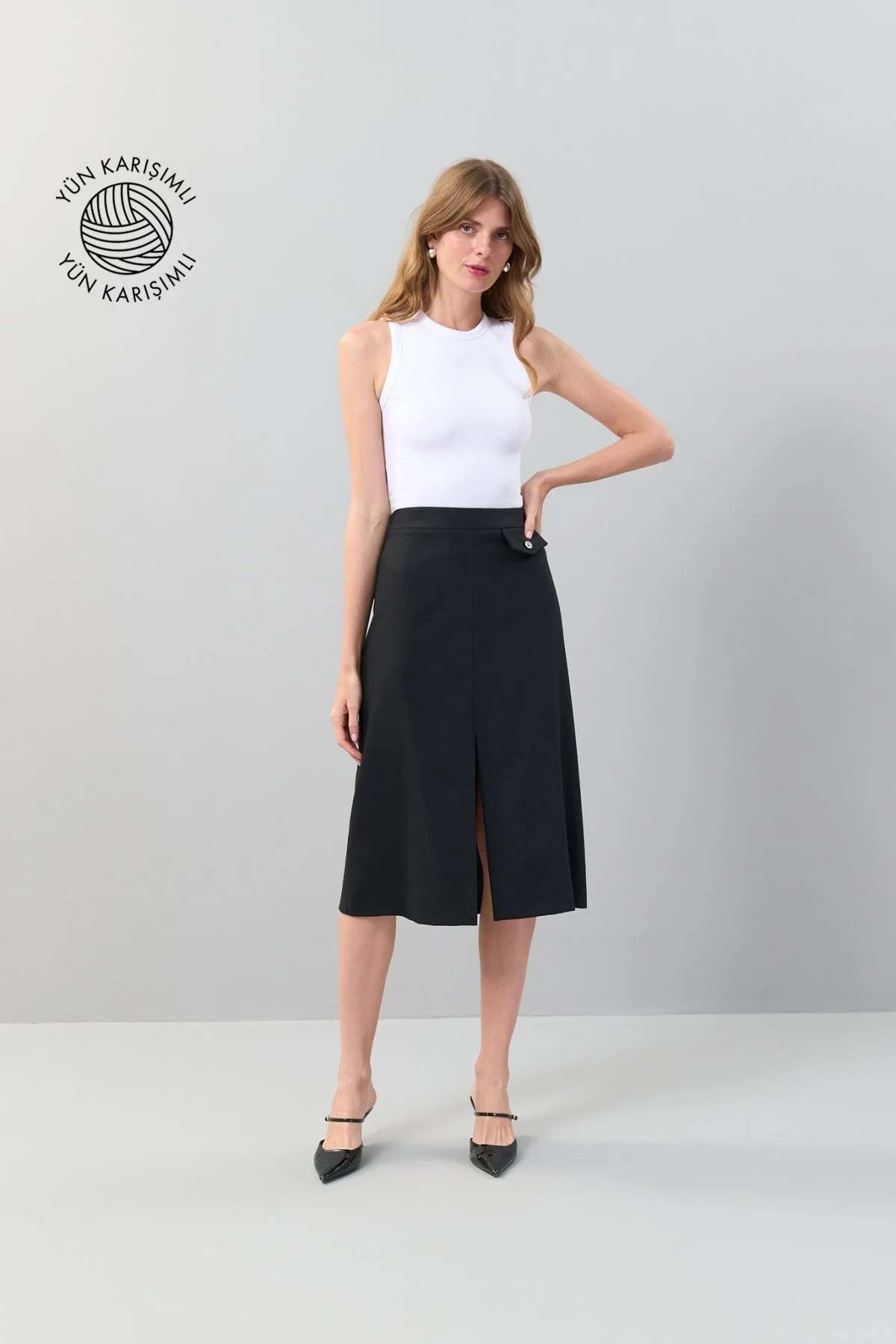 Yırtmaçlı Midi Boy Yün Etek Siyah - 1