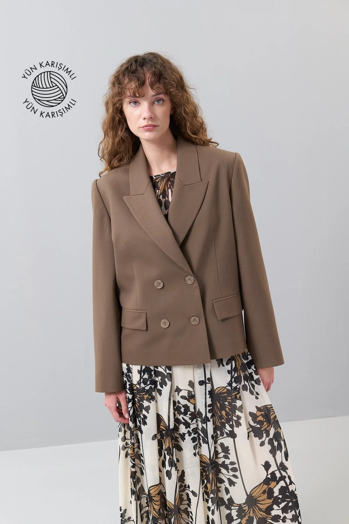 Yün Kruvaze Ceket Açık Kahve - 1