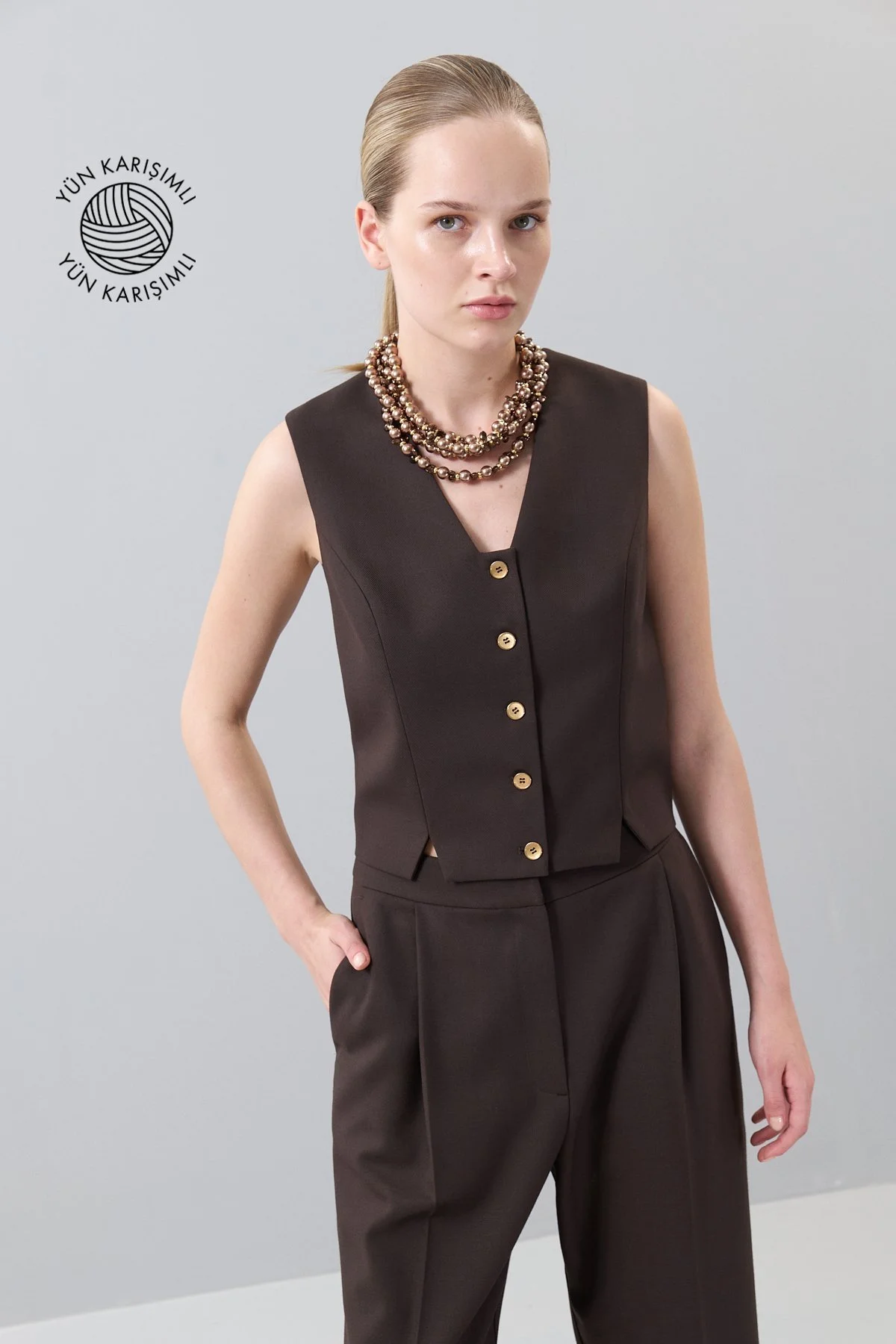 Yırtmaçlı Yelek Kahve - 1