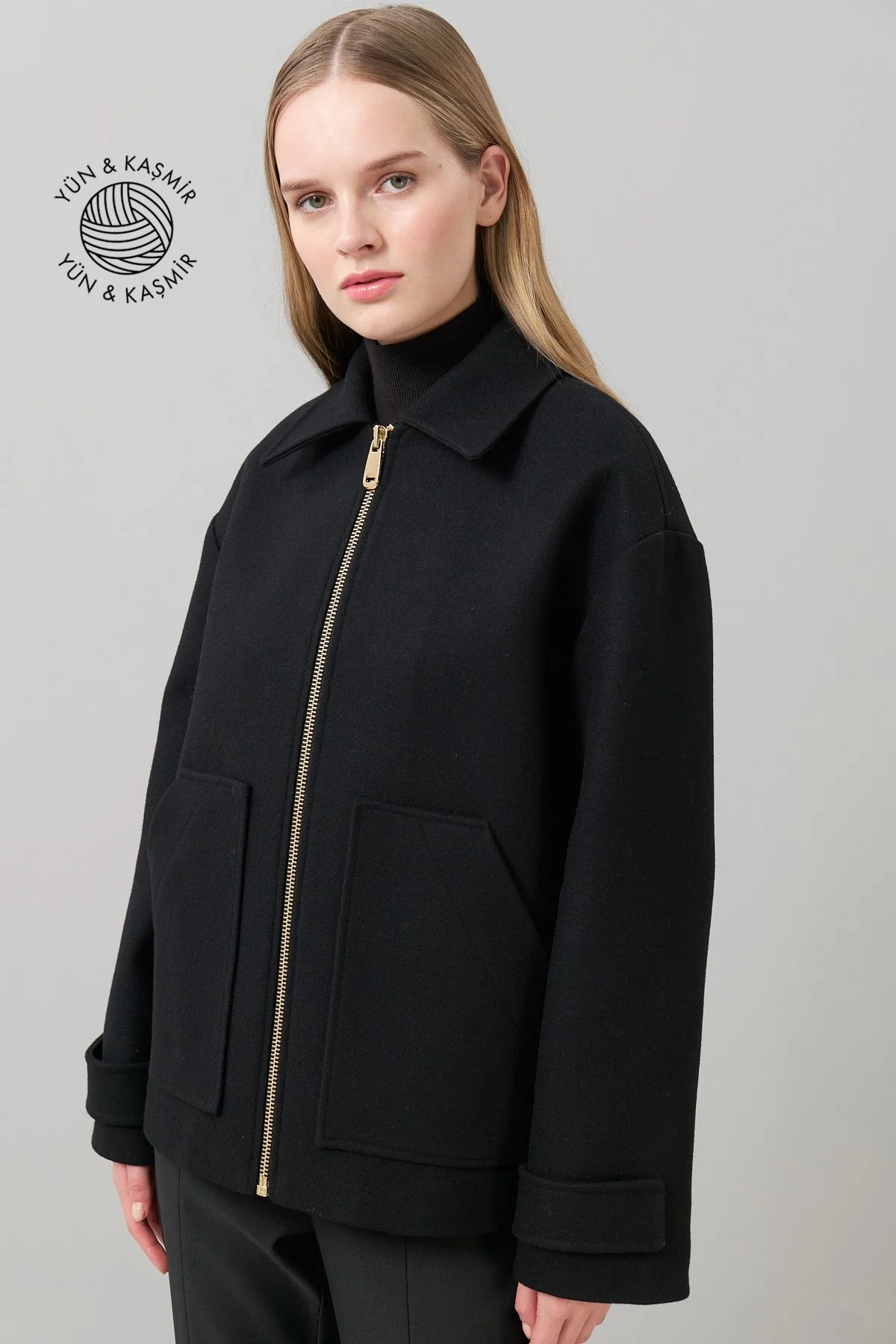 Kaşmir ve Yün Karışımlı Çift Cepli Fermuarlı Mont Siyah - 1