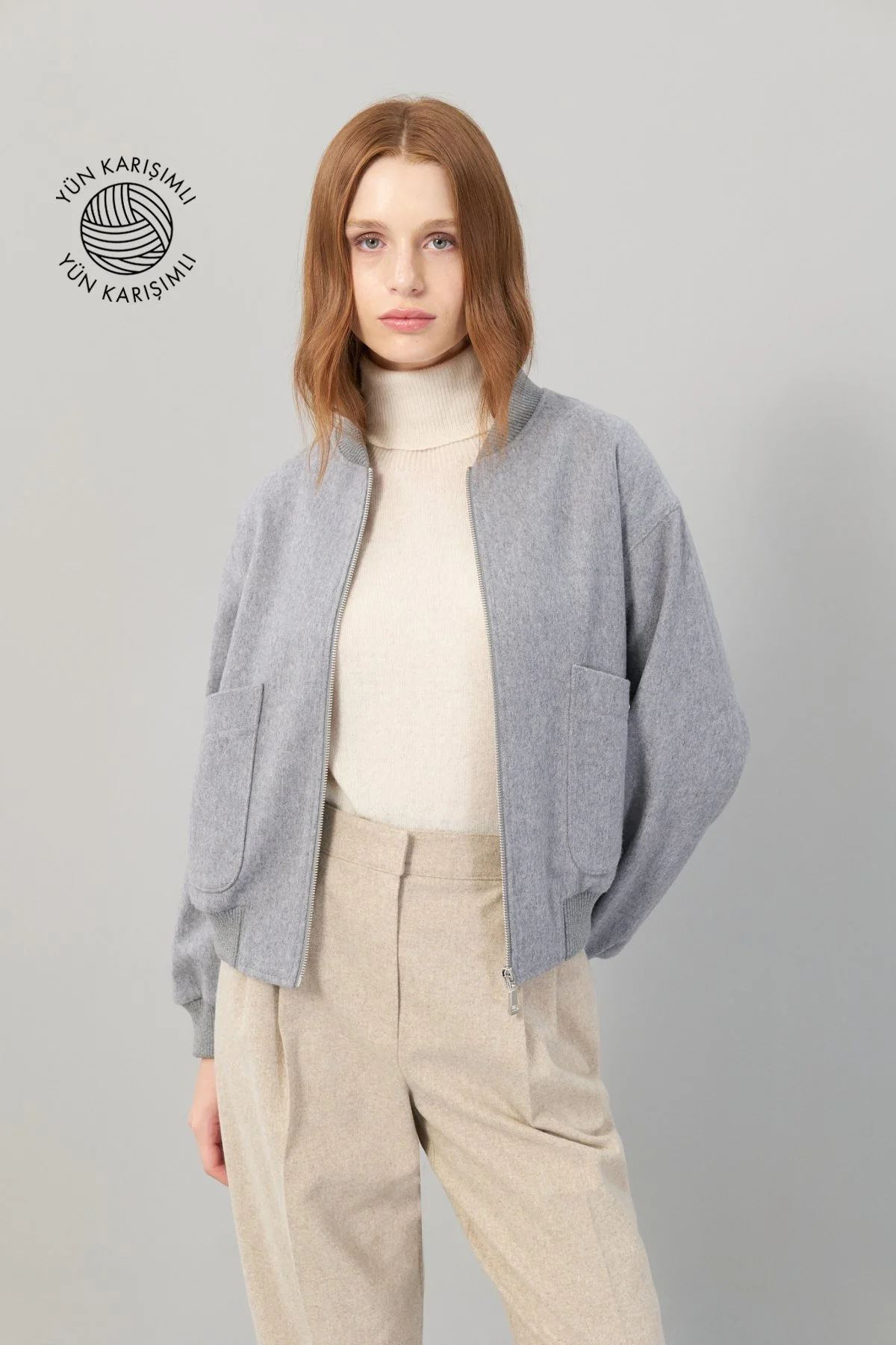 Kaşmir ve Yün Karışımlı Çift Cepli Fermuarlı Mont Gri - 1