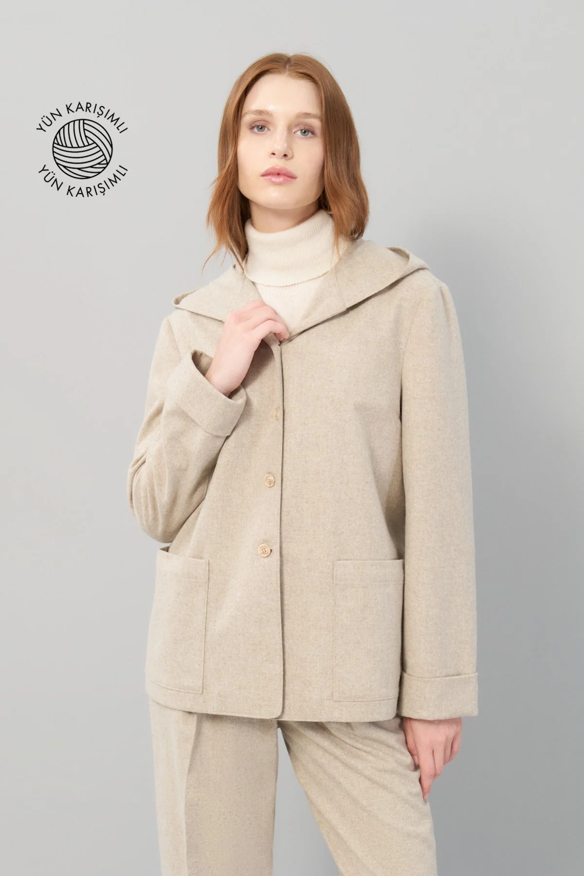 Kapüşonlu Çift Cepli Yün Kaban Bej - 1