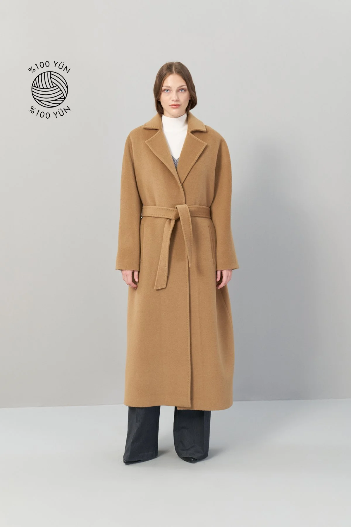 Beli Bağlamalı Dokuma Midi Boy %100 Yün Kaban Taba - 1