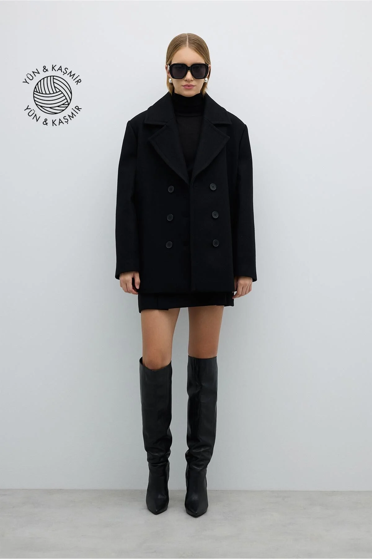 Kaşmir ve Yün Karışımlı Kruvaze Kaban Siyah - 1