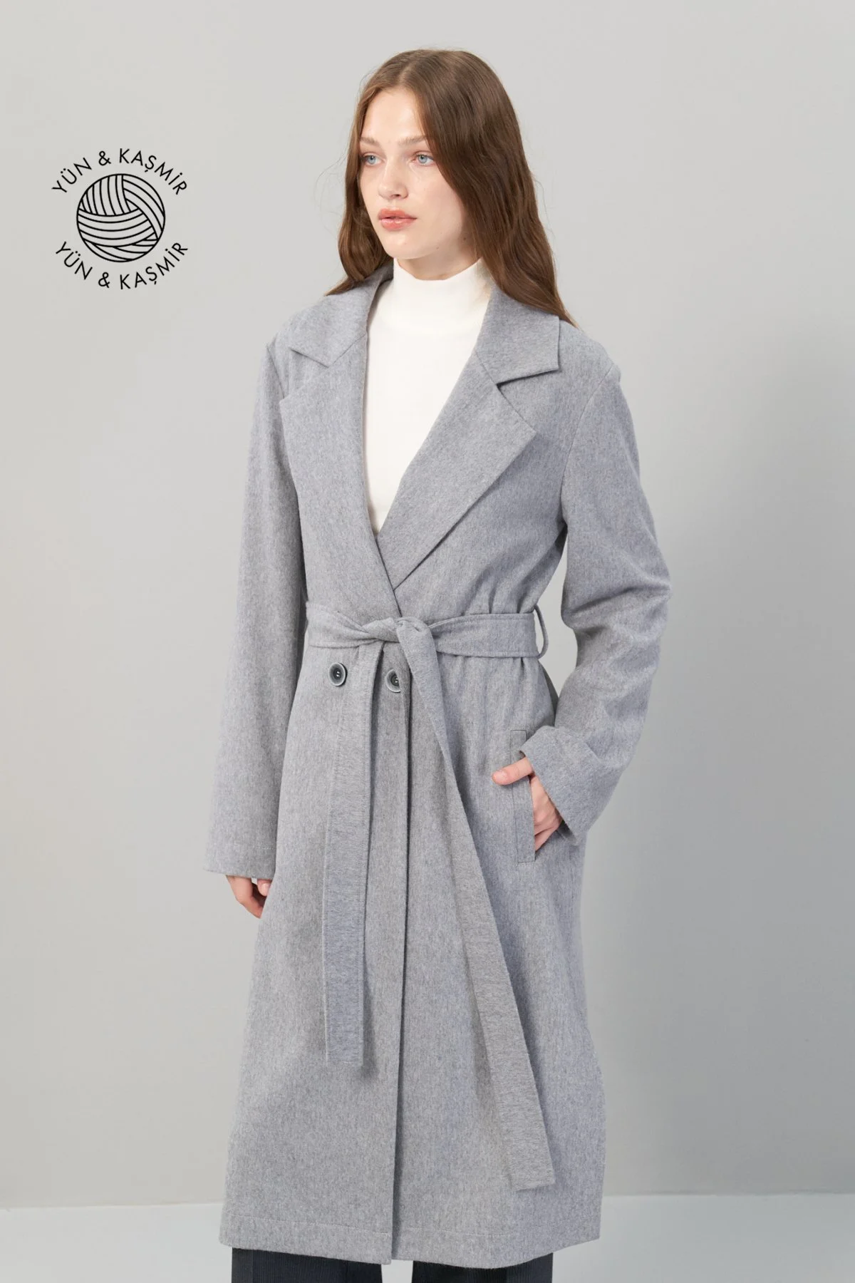 Kaşmir ve Yün Karışımlı Beli Kuşak Detaylı Kaban Gri - 1