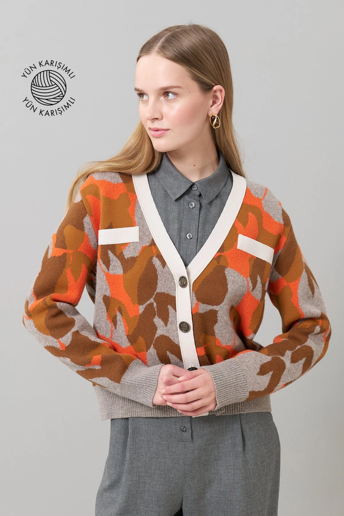 V Yaka Düğmeli Yün Triko Oranj-Taba - 1