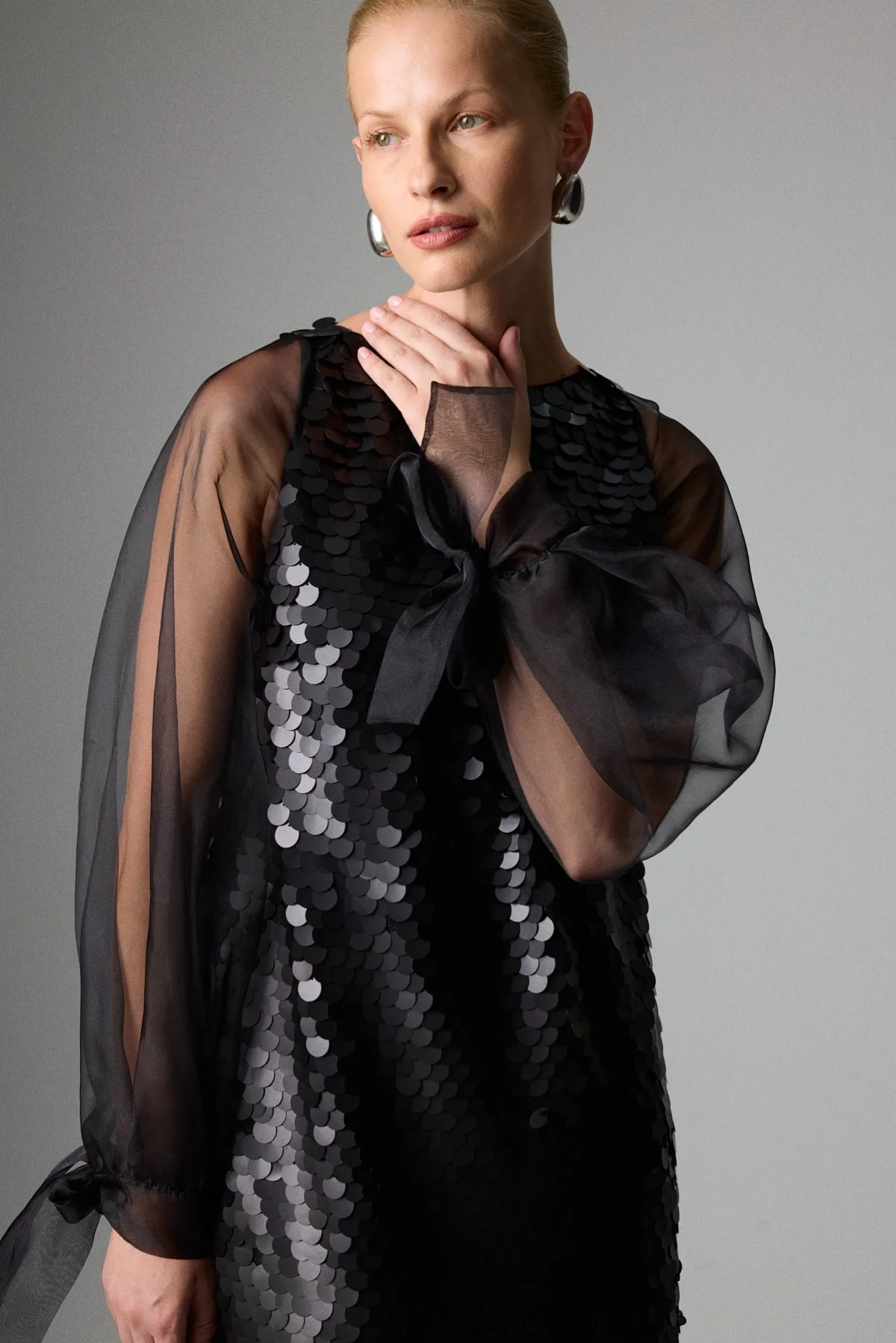 Organze Balon Kollu Mini Elbise Siyah - 3