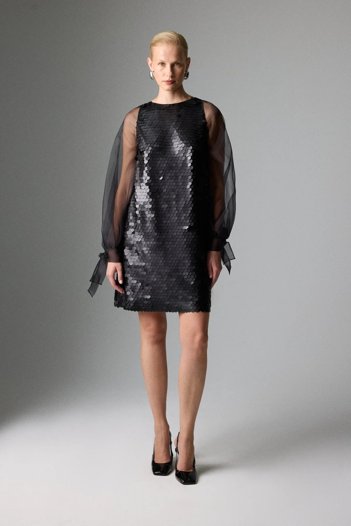 Organze Balon Kollu Mini Elbise Siyah - 1