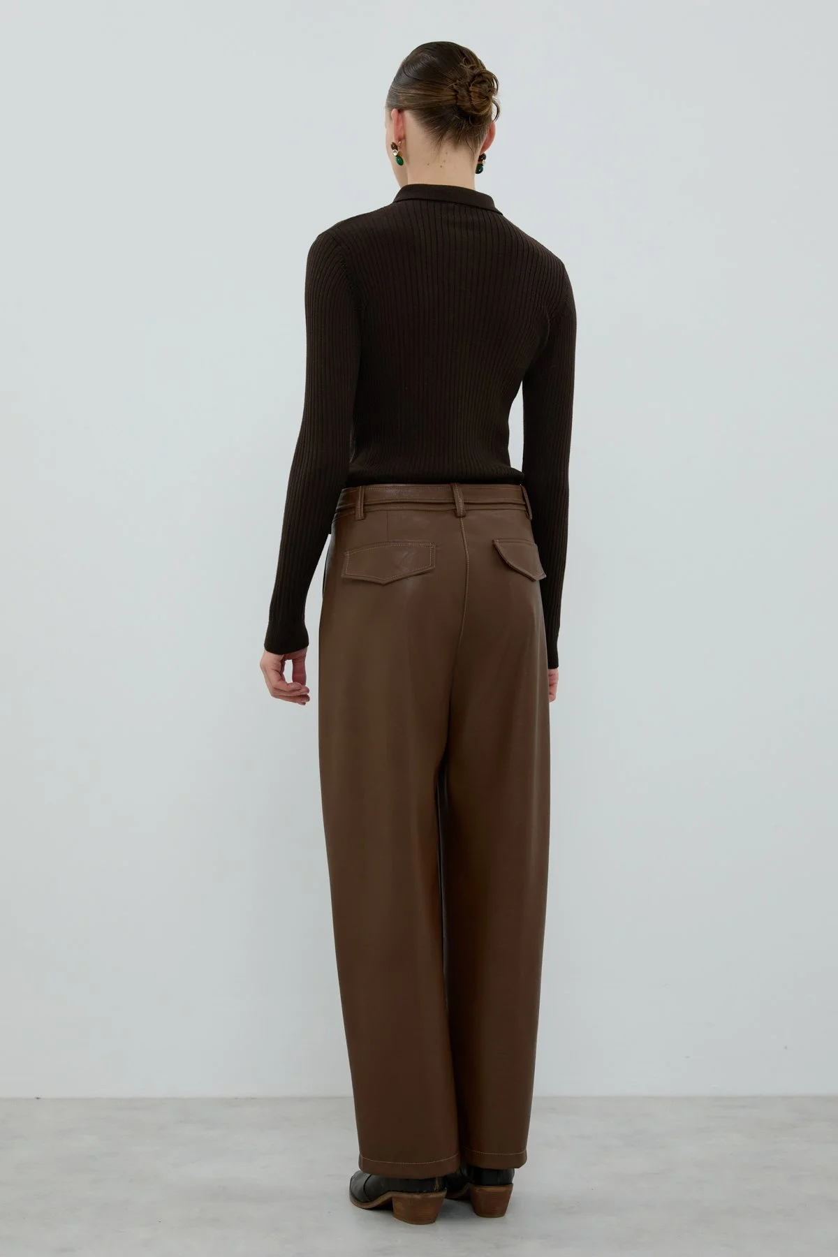 Beli Kemerli Düz Paça Pantolon Kahve - 2