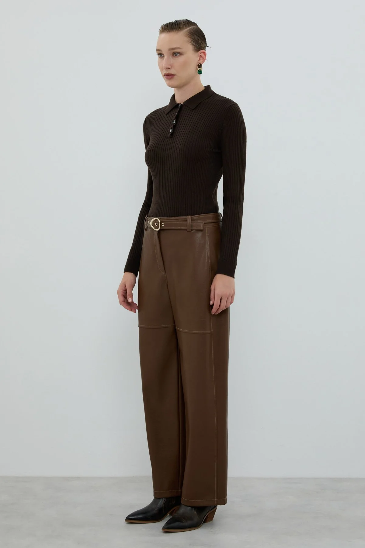 Beli Kemerli Düz Paça Pantolon Kahve - 3