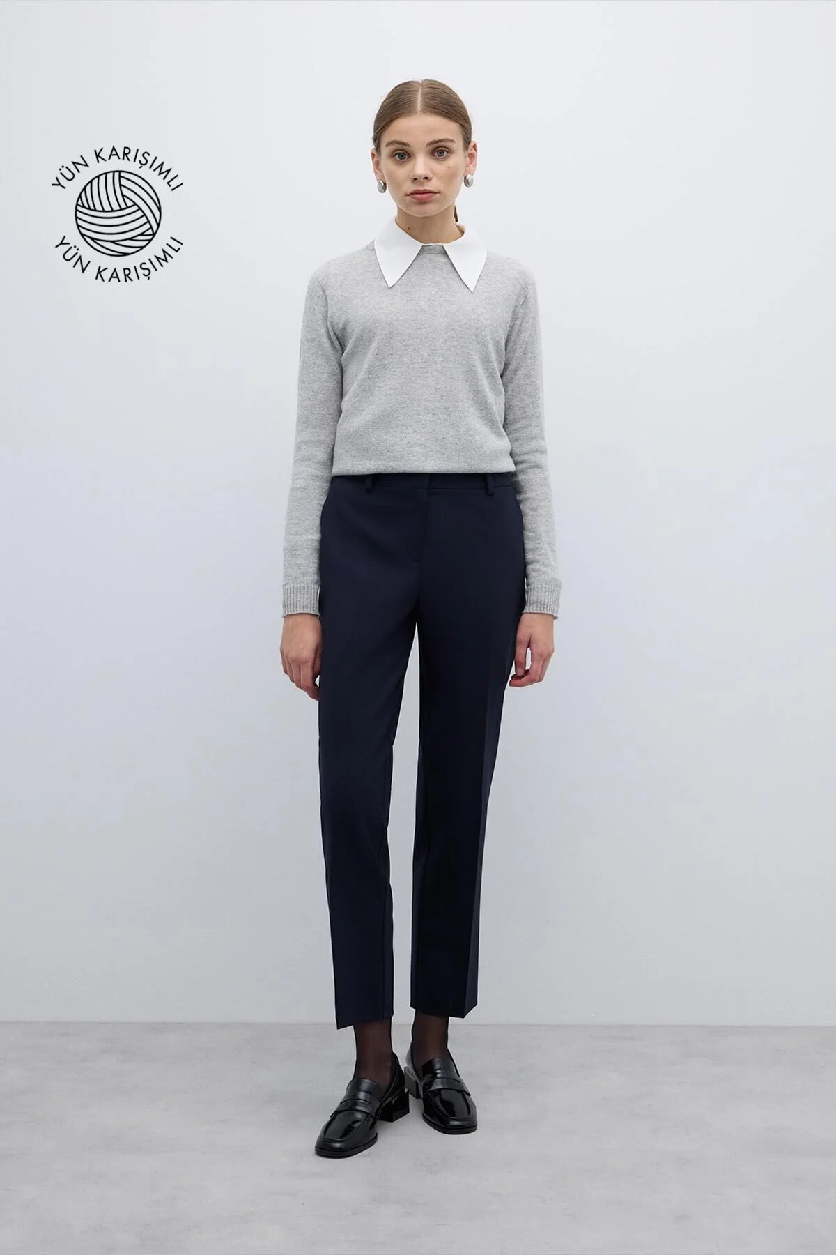 Yün Karışımlı Düz Paça Pantolon Lacivert - 1