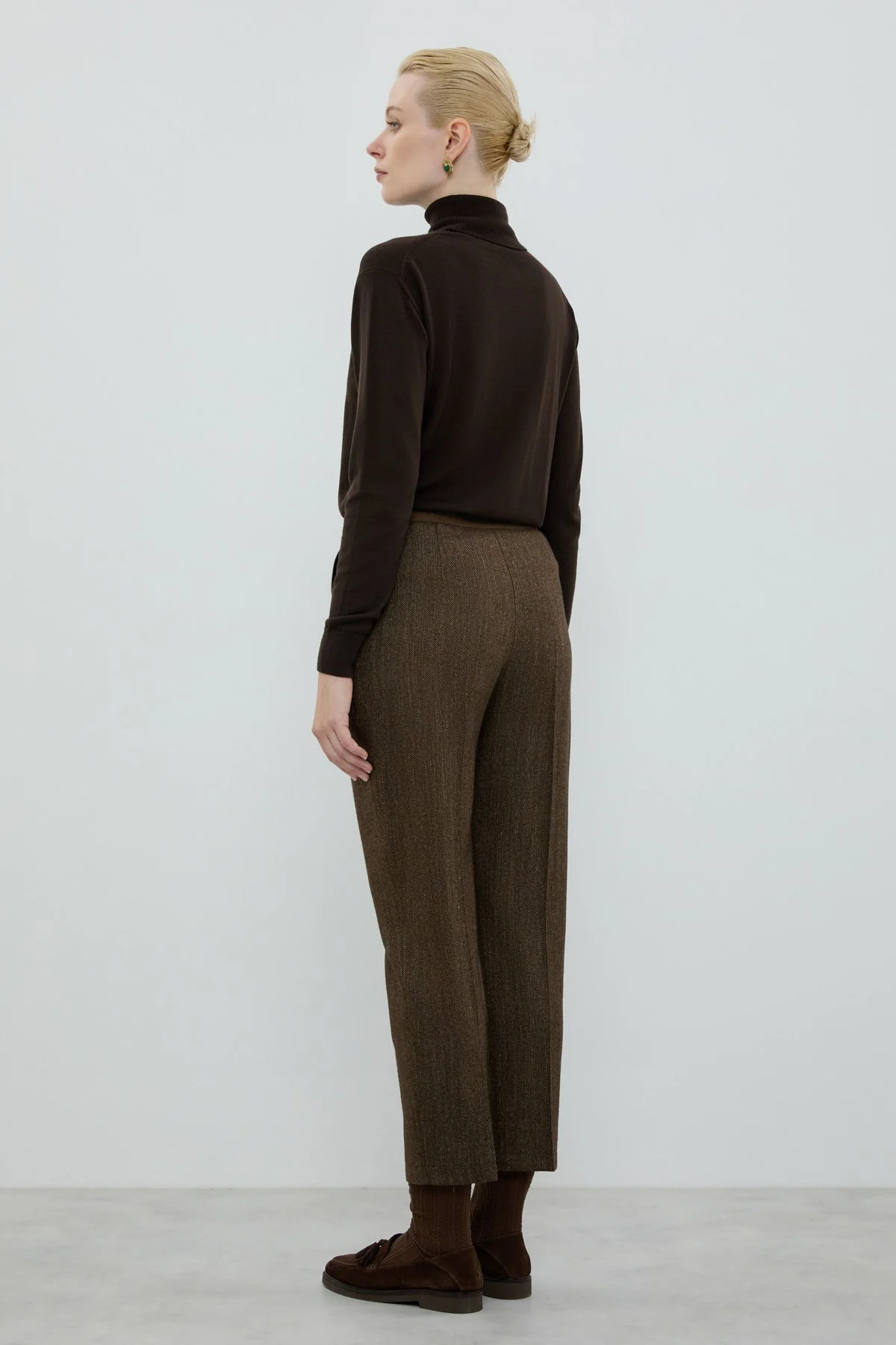Yün Karışımlı Beli Lastikli Düz Paça Pantolon Kahve - 2
