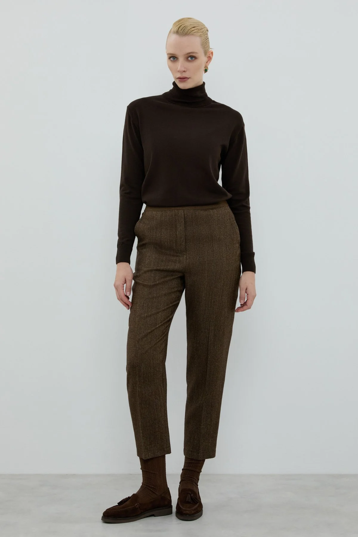 Yün Karışımlı Beli Lastikli Düz Paça Pantolon Kahve - 3